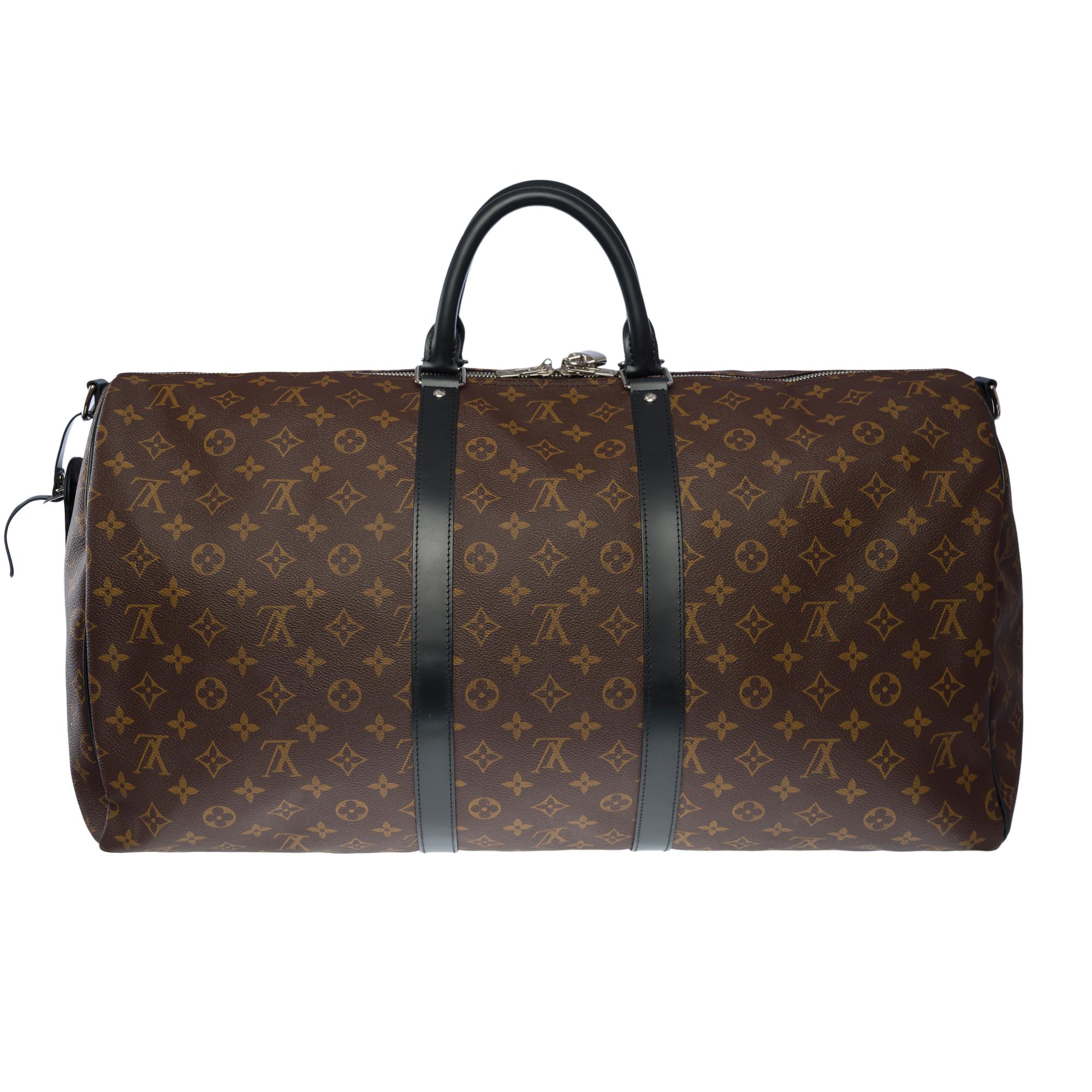 Black Louis Vuitton Keepall 55 Travel bag strap in brown Macassar Monogram canvas, PHW For Sale