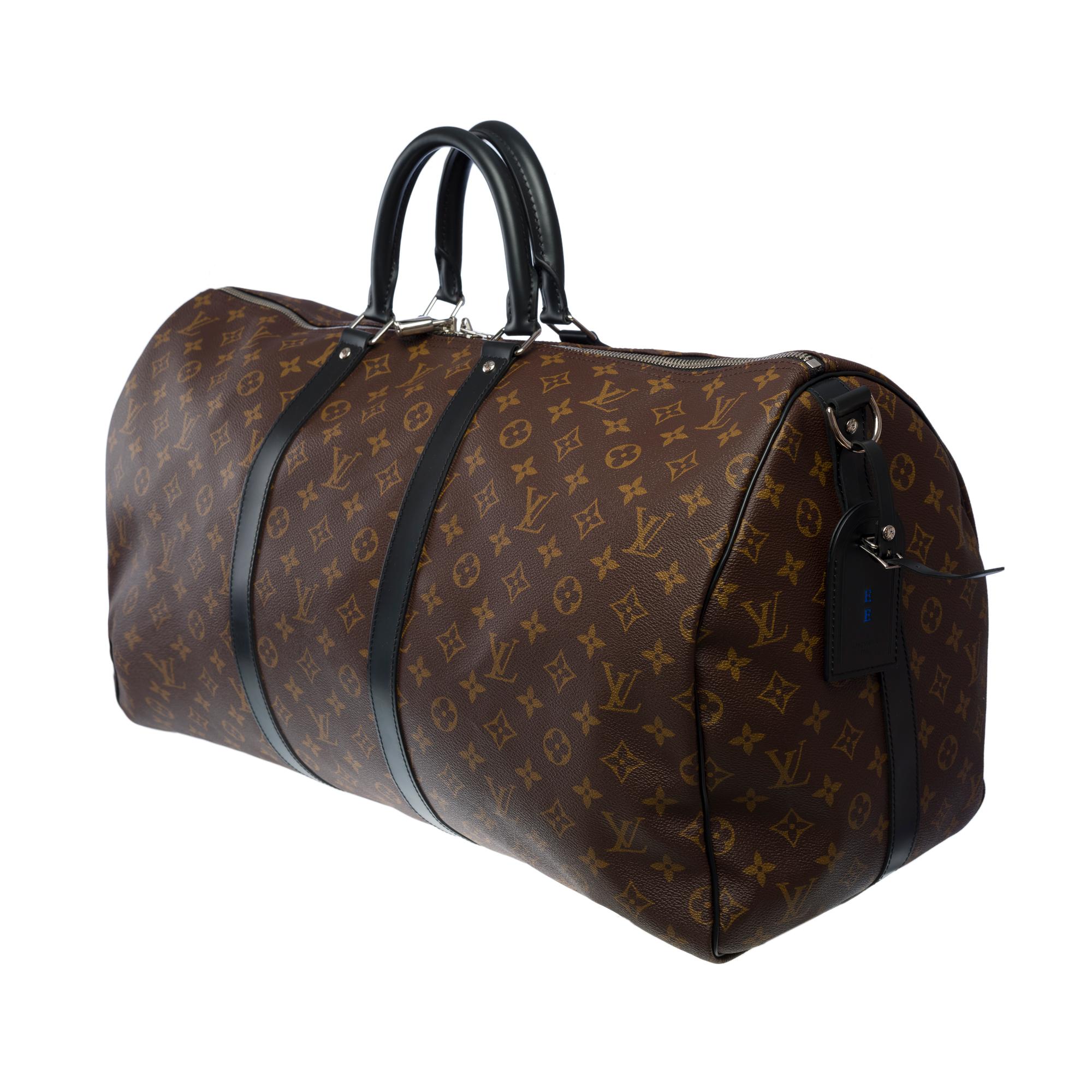 Louis Vuitton Keepall 55 Travel bag strap in brown Macassar Monogram canvas, PHW In Excellent Condition For Sale In Paris, IDF