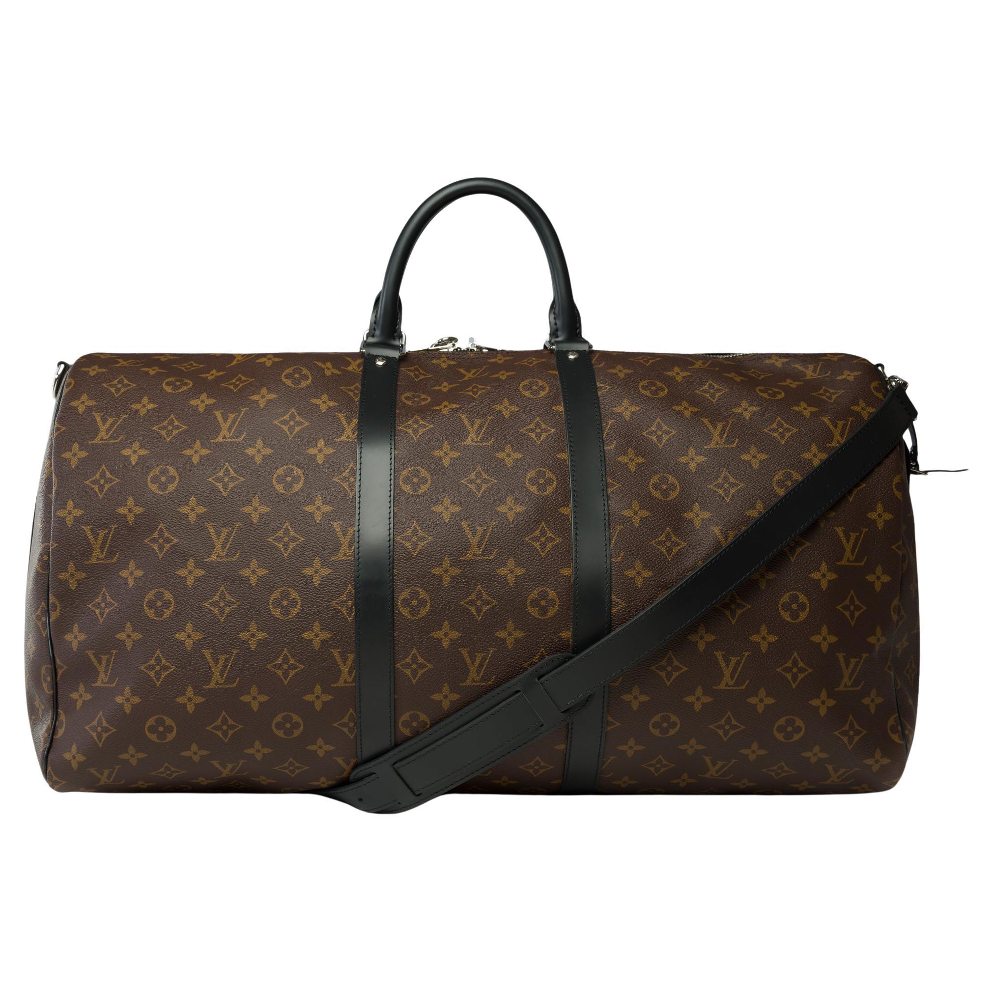 Louis Vuitton Keepall 55 Travel bag strap in brown Macassar Monogram canvas, PHW For Sale