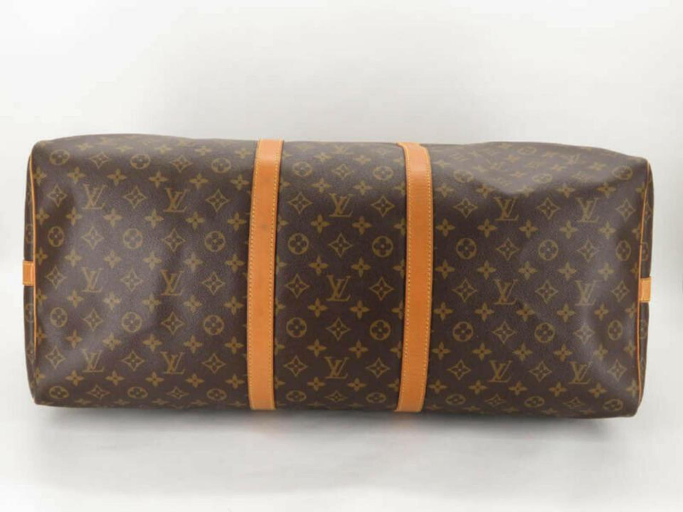 Louis Vuitton Keepall 60 with Strap 870161 Brown Coated Canvas Travel Bag For Sale 3