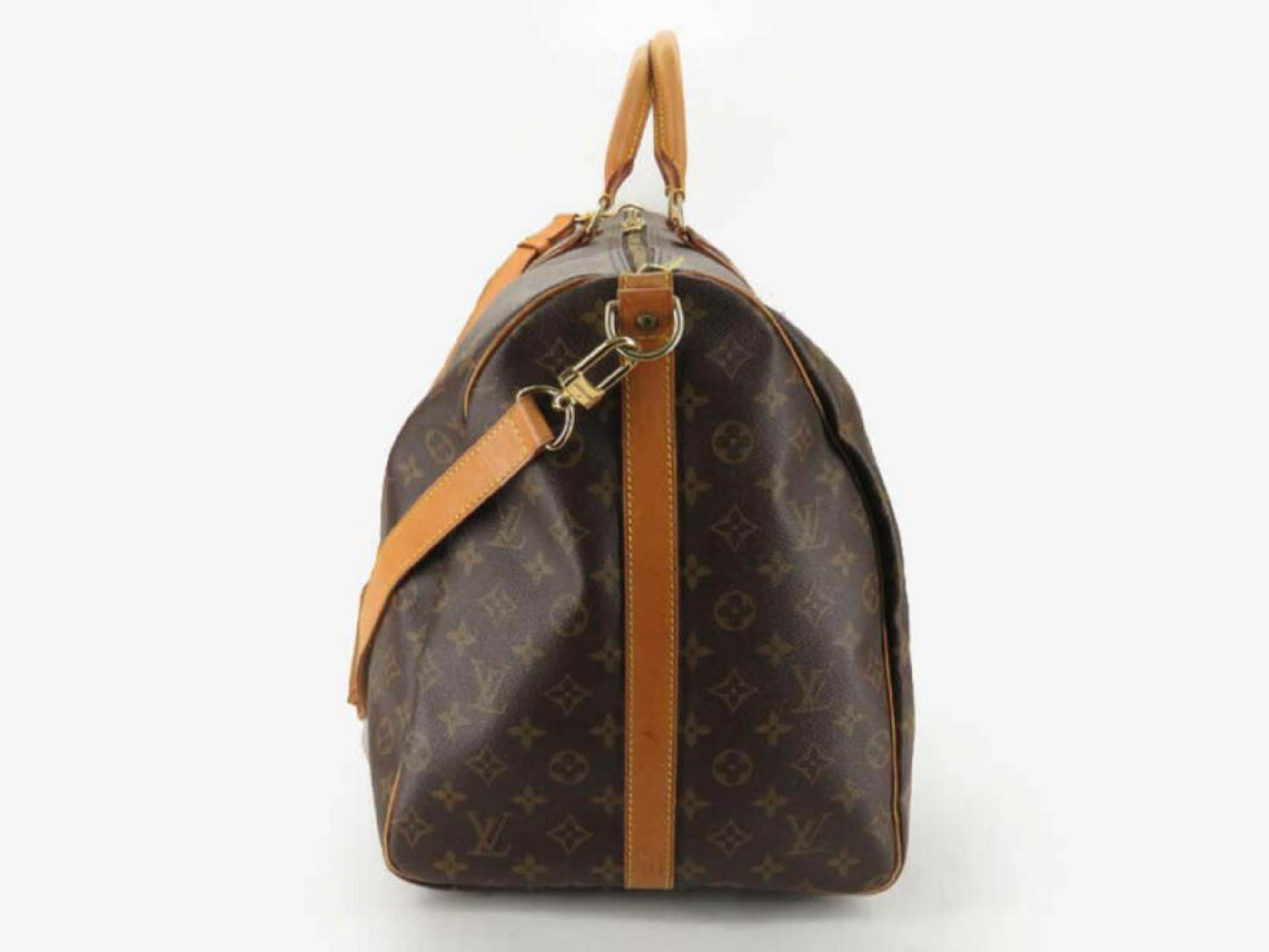 Louis Vuitton Keepall 60 with Strap 870161 Brown Coated Canvas Travel Bag For Sale 4
