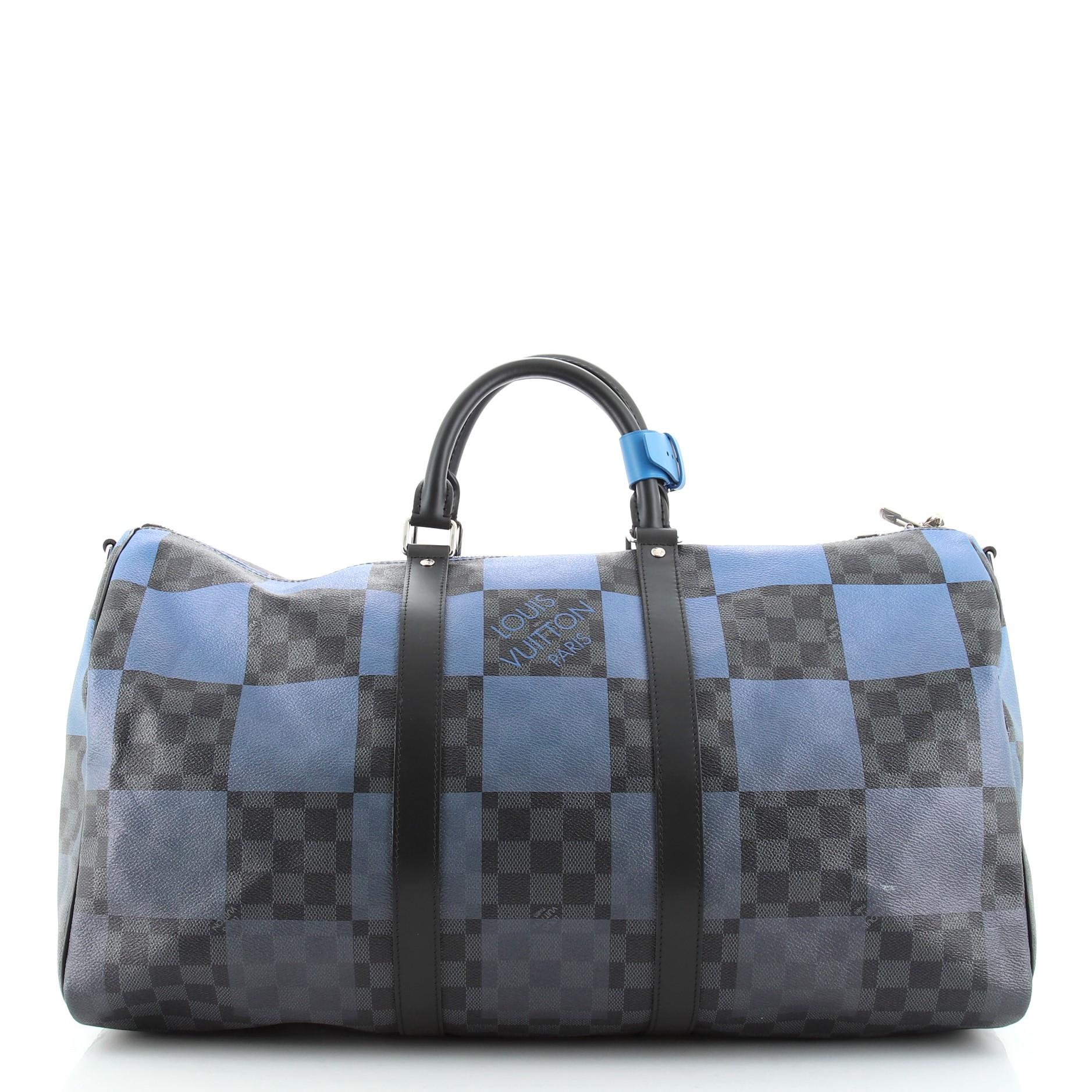 Louis Vuitton Keepall Bandouliere Bag Giant Damier Graphite Canvas 50. Light odor in interior. Marks on base corners, creasing on exterior, scratches on hardware.     76307MSC