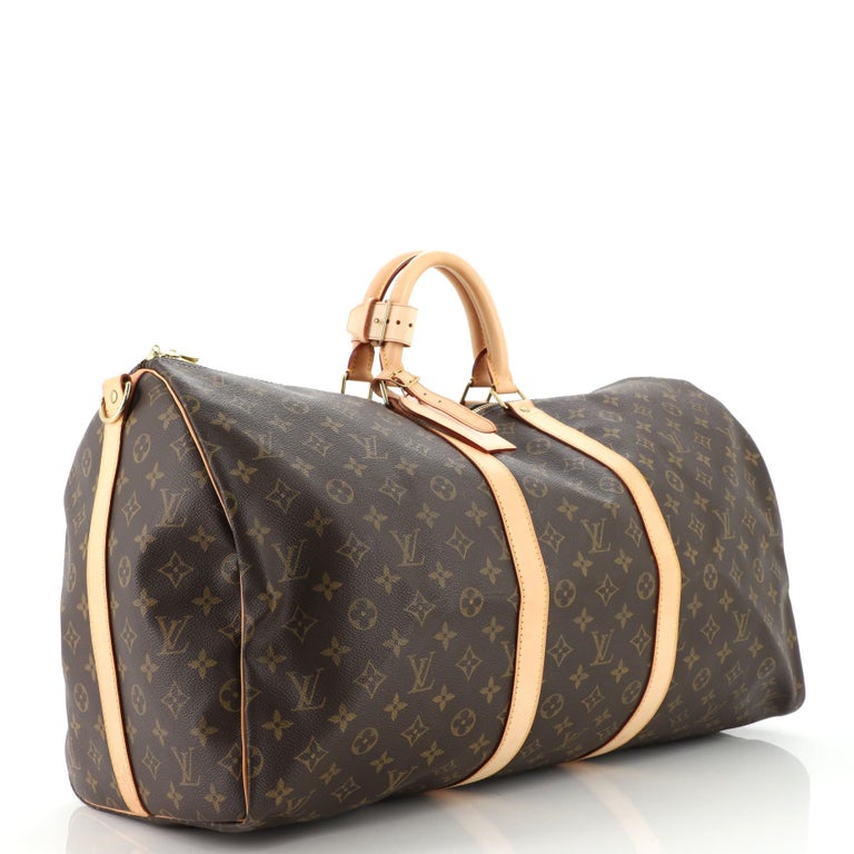 LOUIS VUITTON. 3 bags, keepall bandoulièr 60 and 55, Sac Plat Tote inside  covered in beige leather, monogram canvas, details and buckles in  gold-colored metal, indistinct serial numbers, production around the 80s.