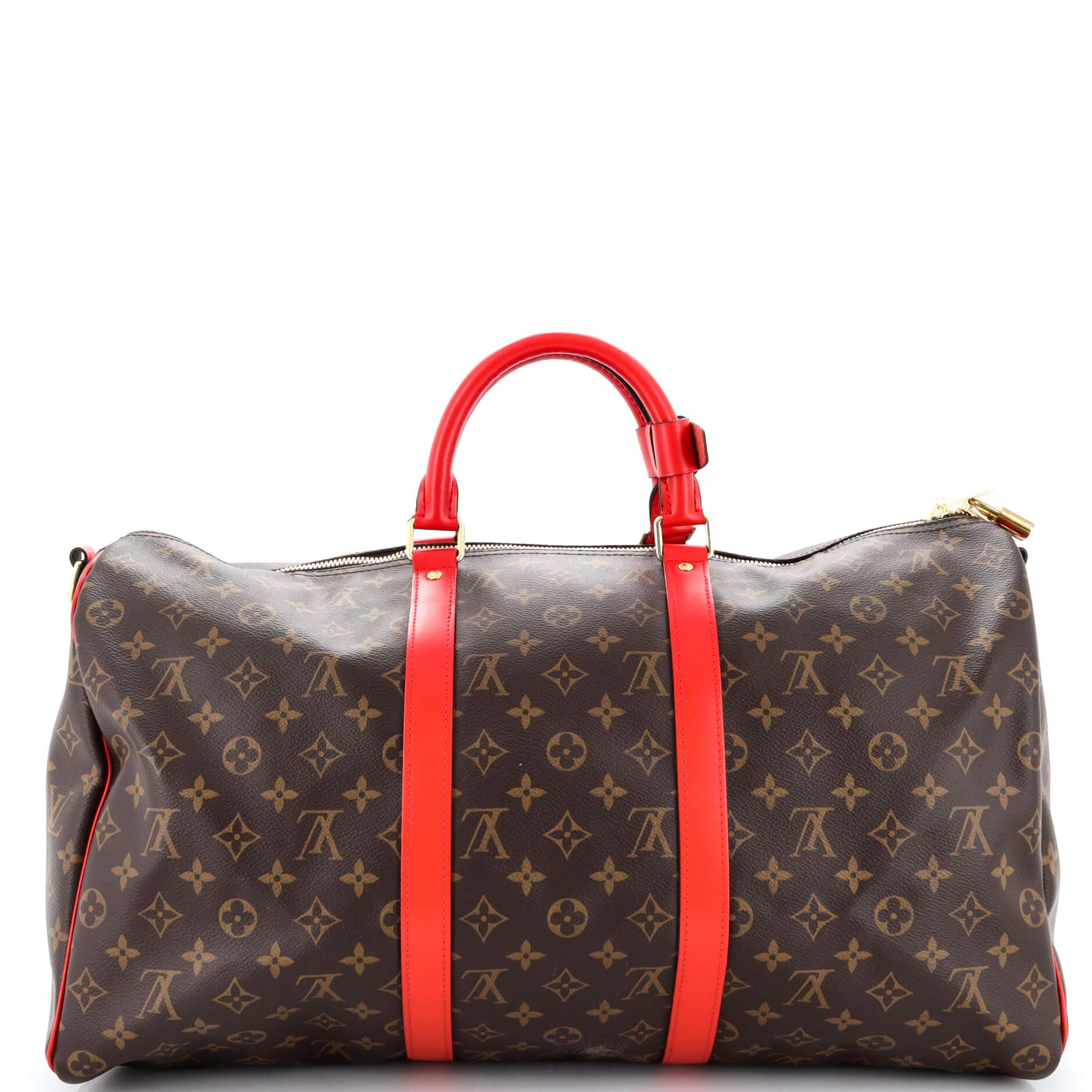 Louis Vuitton Keepall Bandouliere Bag Monogram Canvas with Coquelicot Leather In Good Condition For Sale In NY, NY