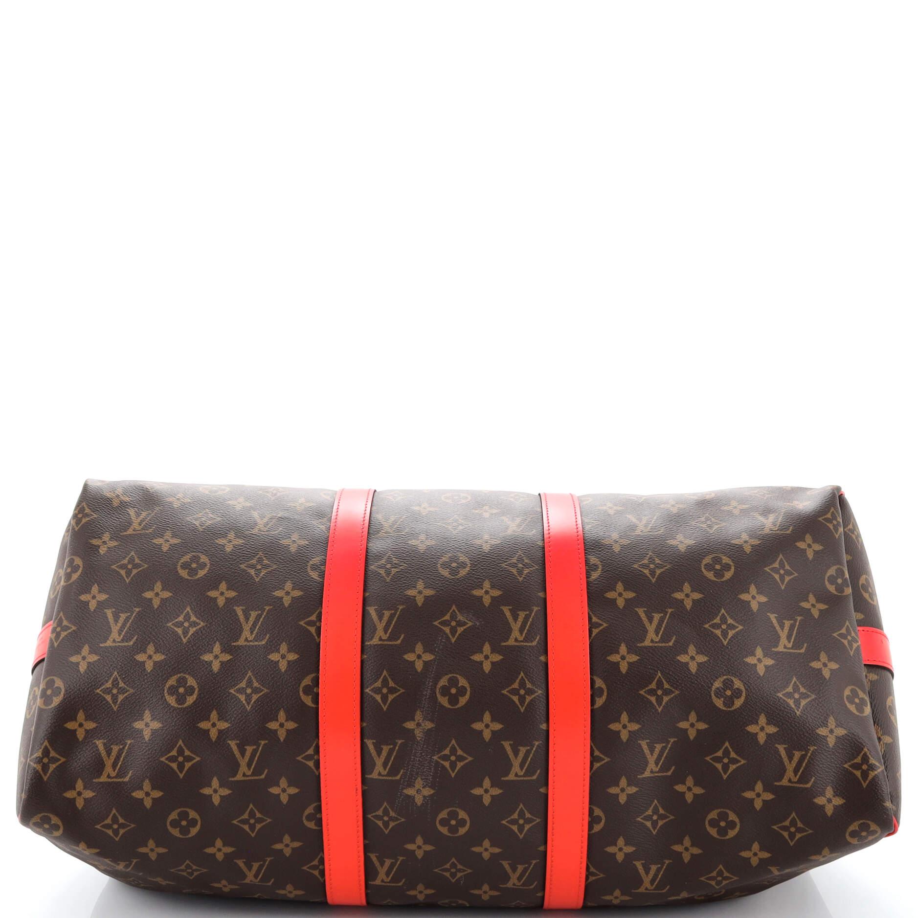 Women's or Men's Louis Vuitton Keepall Bandouliere Bag Monogram Canvas with Coquelicot Leather For Sale