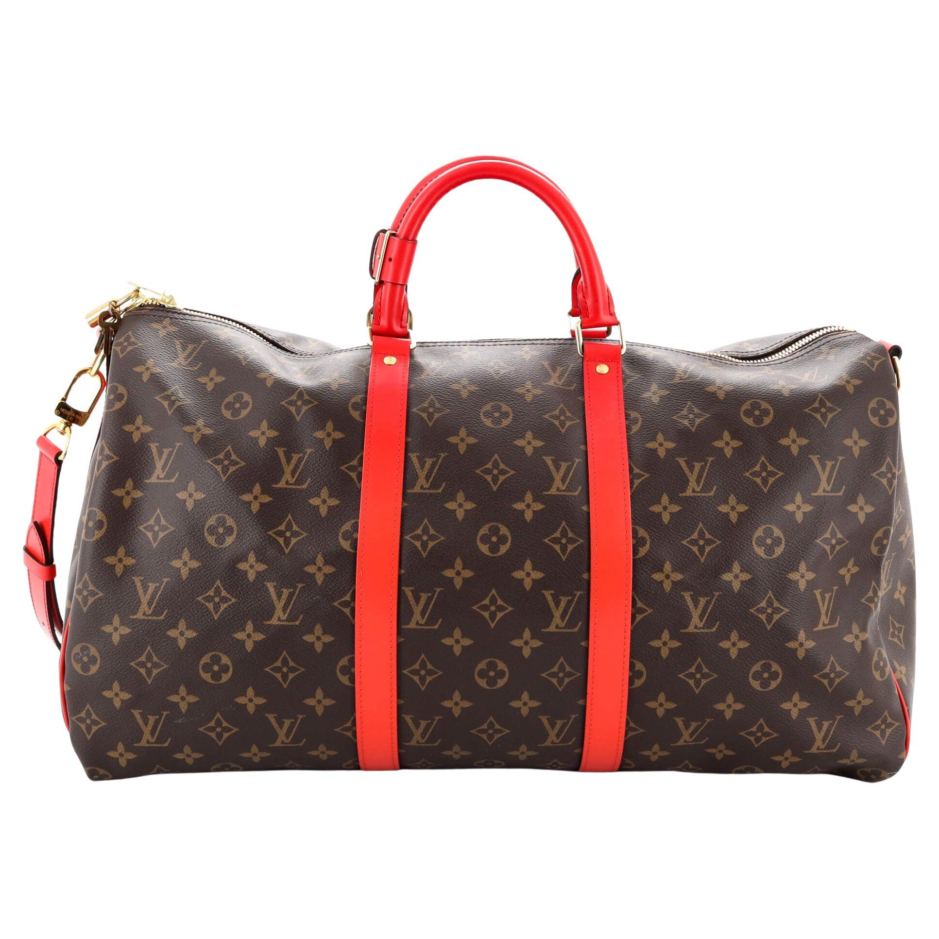 Louis Vuitton Keepall Bandouliere Bag Monogram Canvas with Coquelicot Leather For Sale