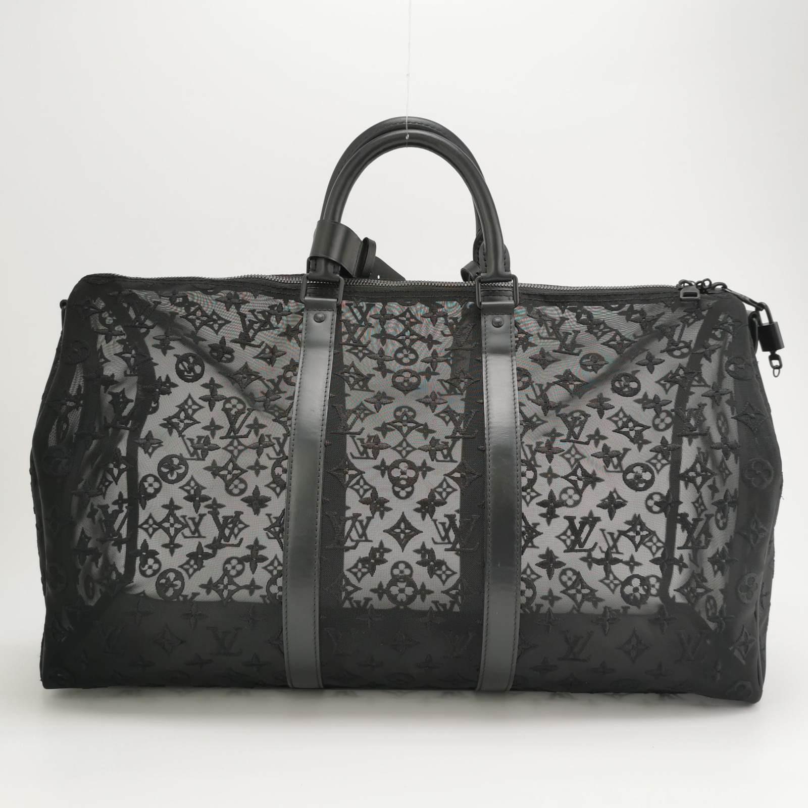 Women's Louis Vuitton Keepall Bandouliere Monogram Mesh 50 Black in Mesh/Leather For Sale