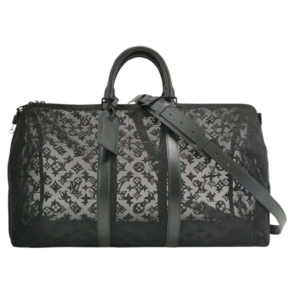 Louis Vuitton Keepall Bandouliere Monogram Mesh 50 Black in Mesh/Leather For Sale