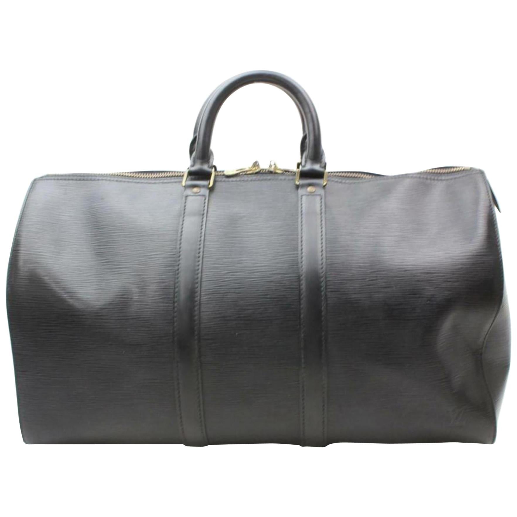 Louis Vuitton Keepall Duffle Noir 45 870140 Black Leather Weekend/Travel Bag For Sale