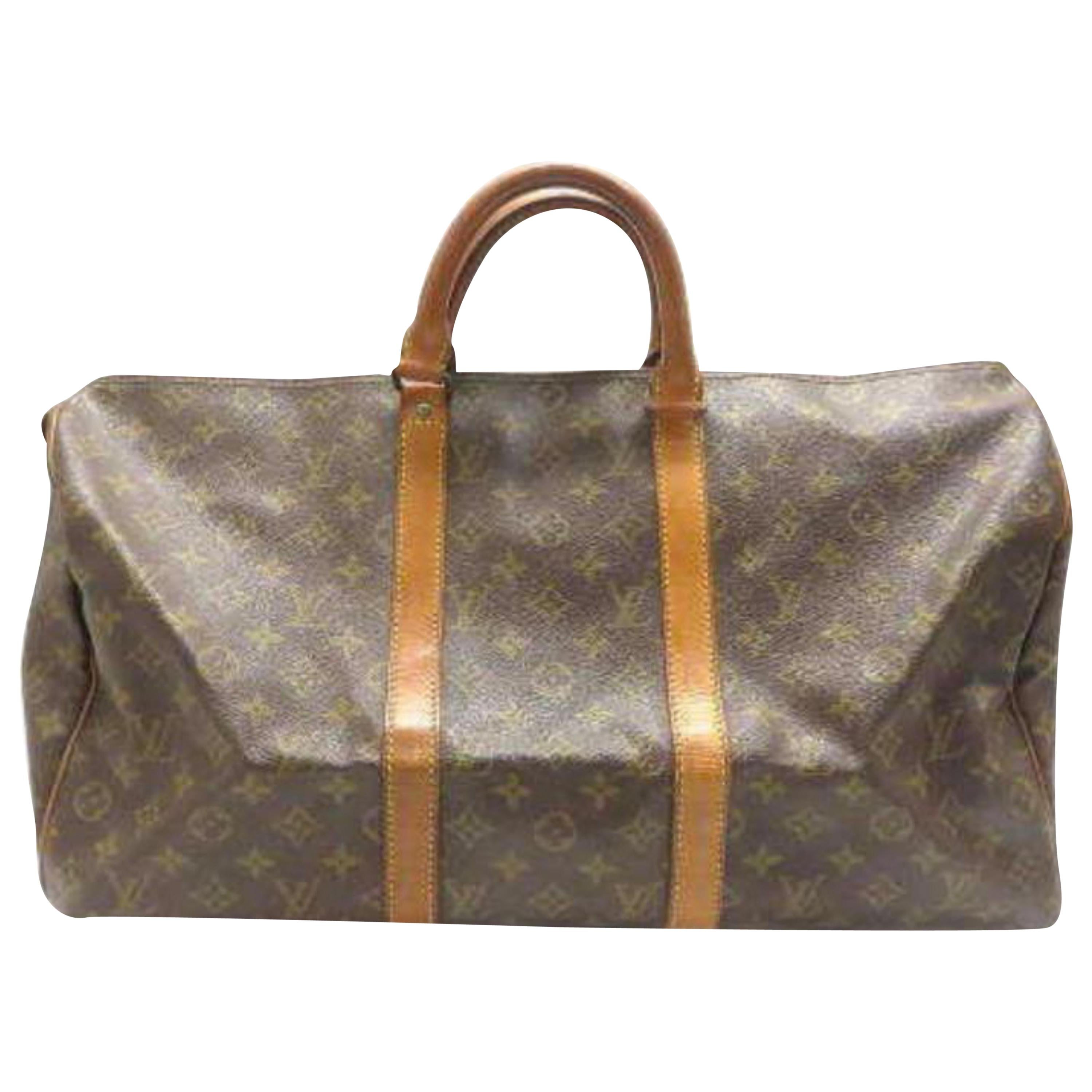 Louis Vuitton Keepall Monogram 50 232432 Brown Coated Canvas Weekend/Travel Bag For Sale