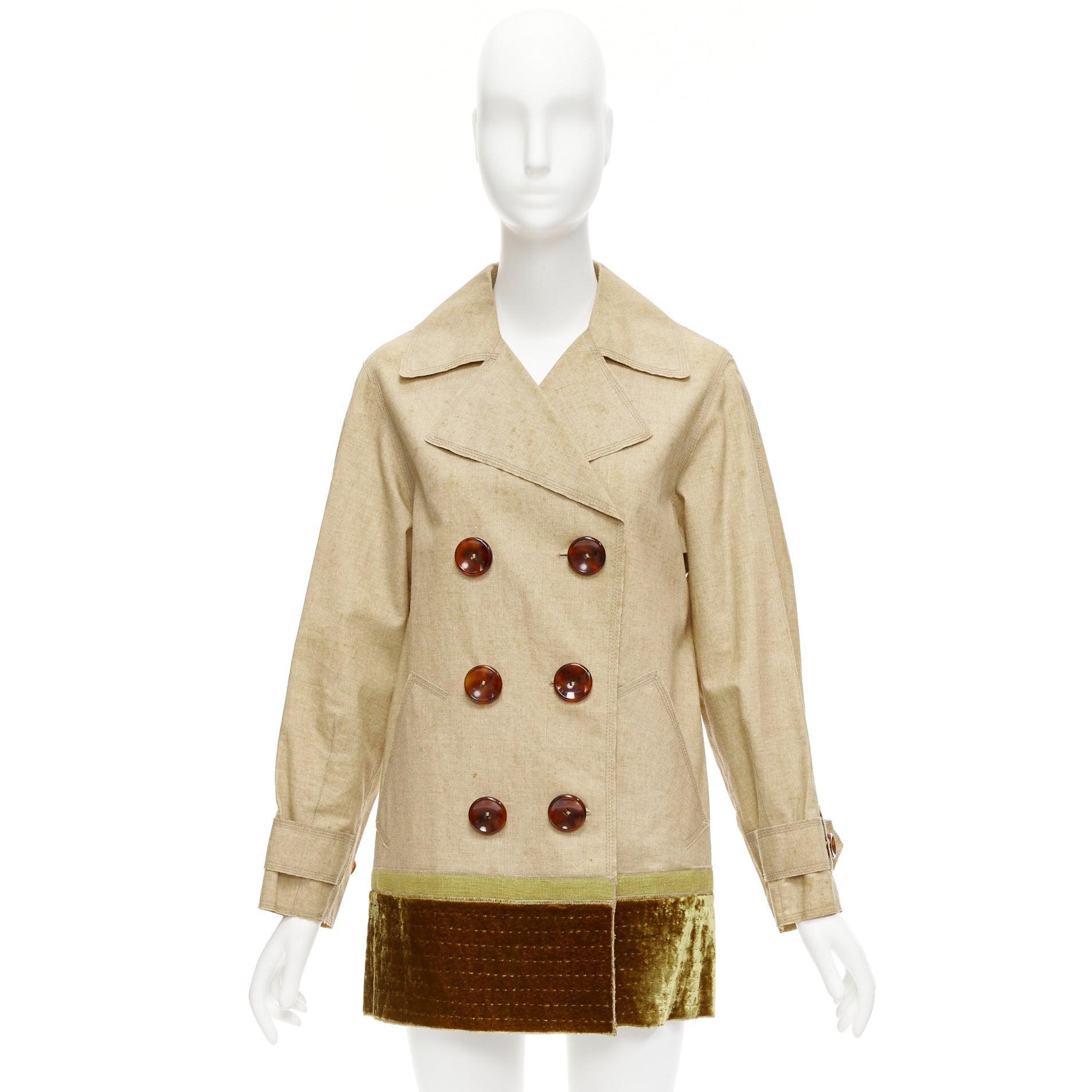 LOUIS VUITTON khaki coated linen velvet hem double breasted trench coat FR36 S For Sale 5