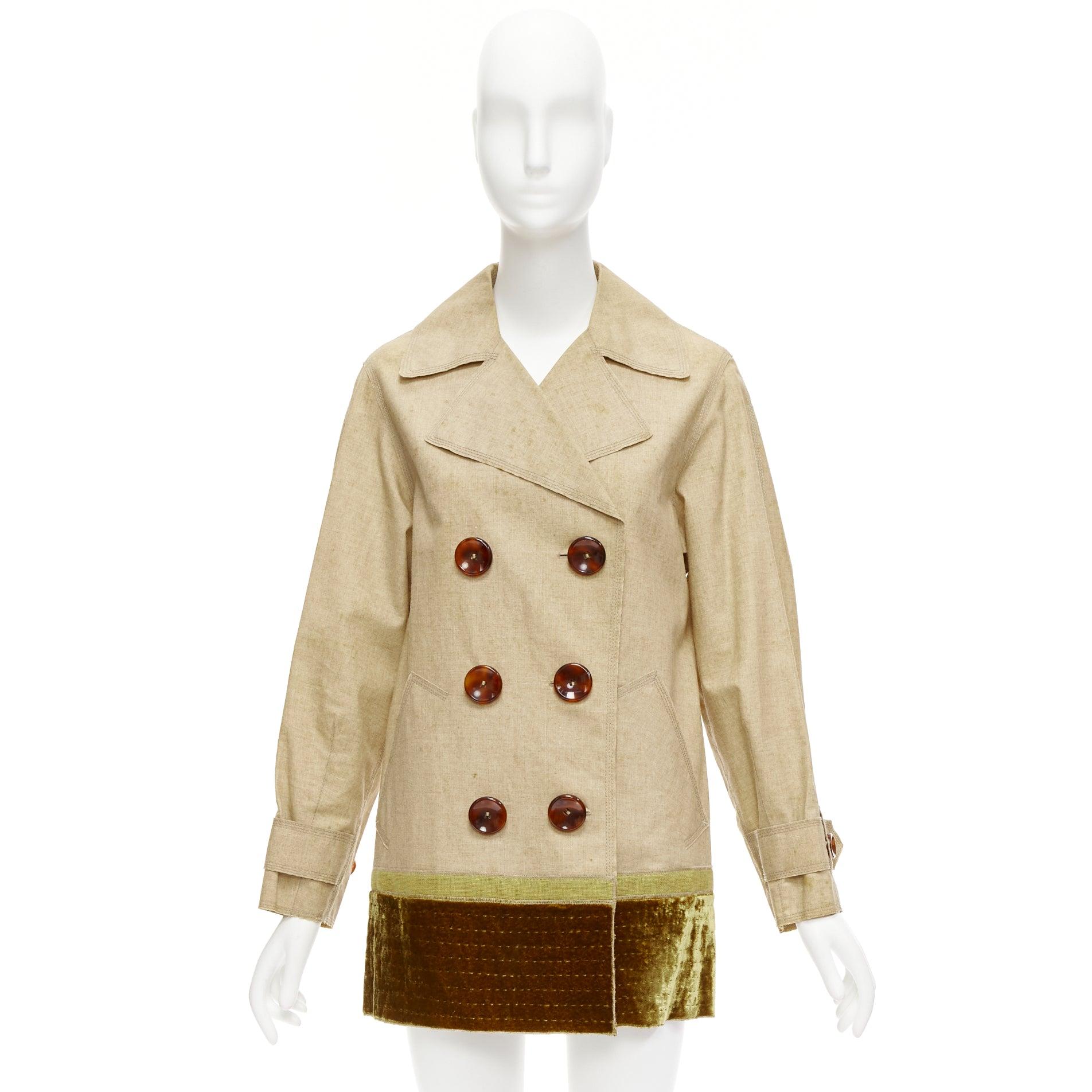 LOUIS VUITTON khaki coated linen velvet hem double breasted trench coat FR36 S For Sale 6