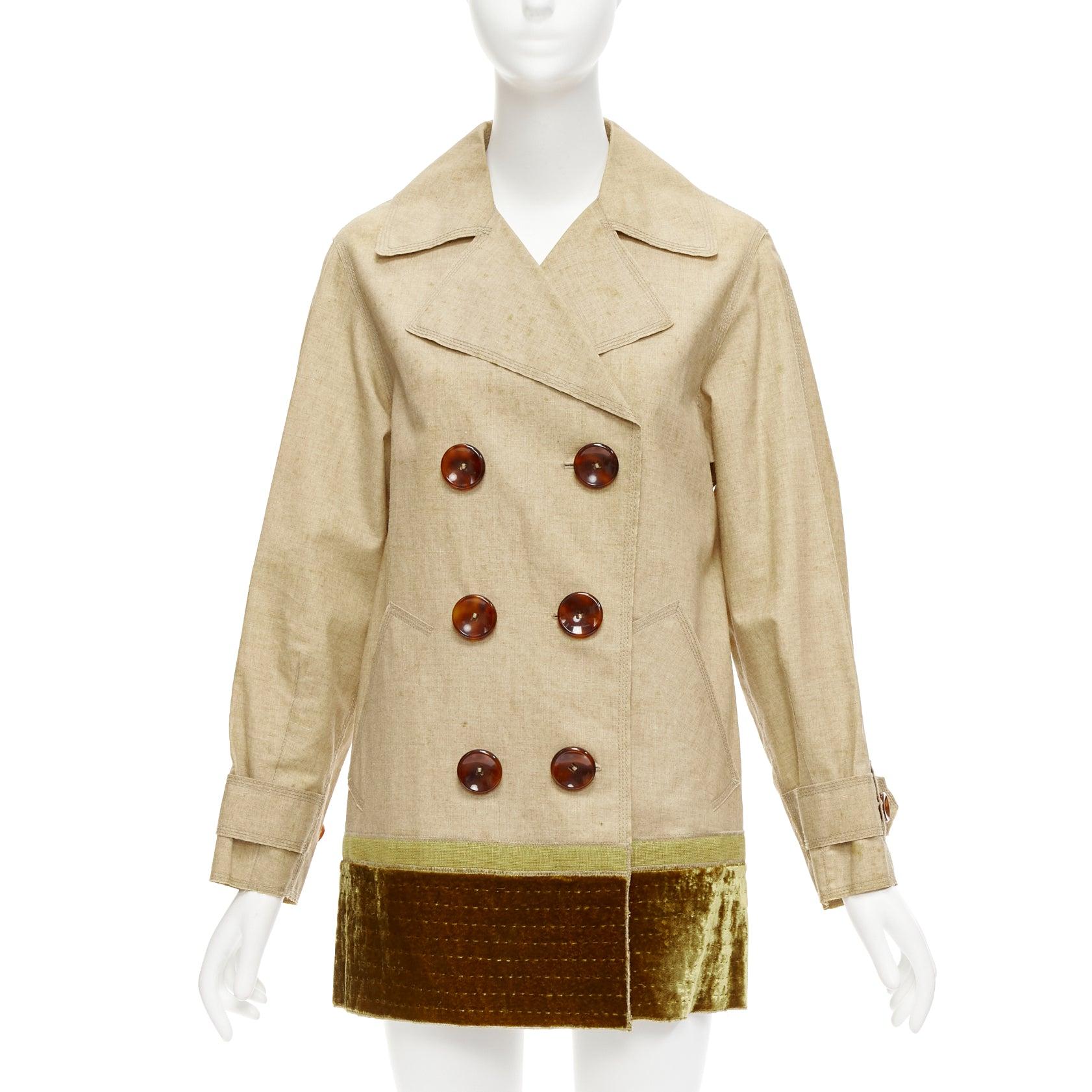 Beige LOUIS VUITTON khaki coated linen velvet hem double breasted trench coat FR36 S For Sale