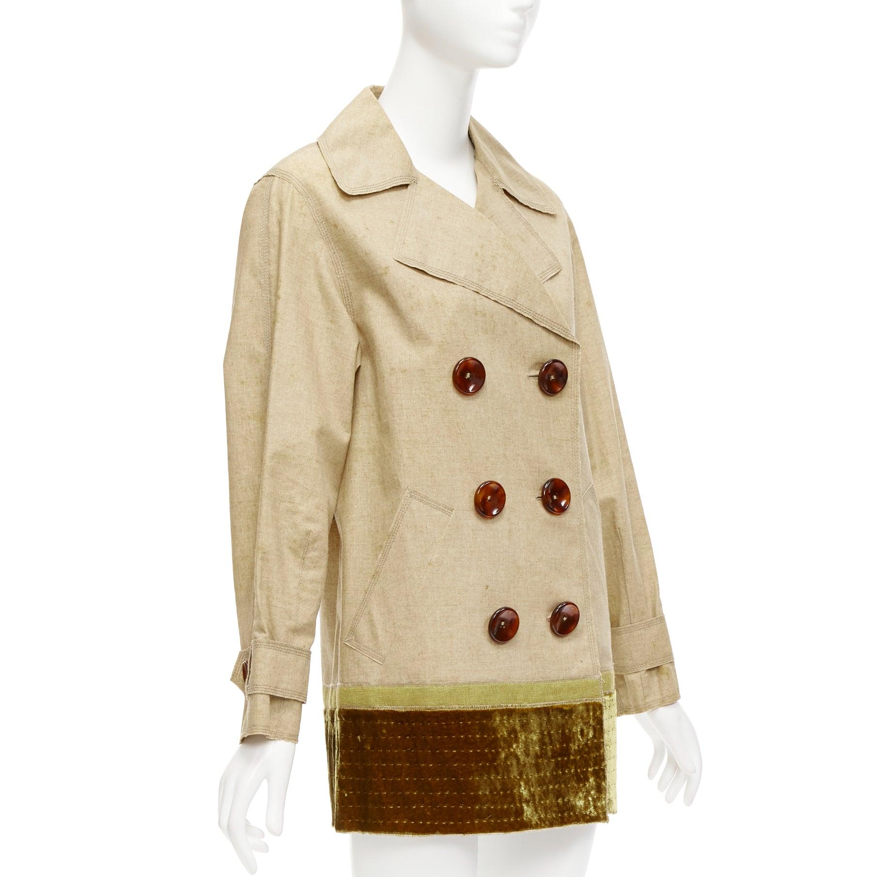 LOUIS VUITTON khaki coated linen velvet hem double breasted trench coat FR36 S In Fair Condition For Sale In Hong Kong, NT