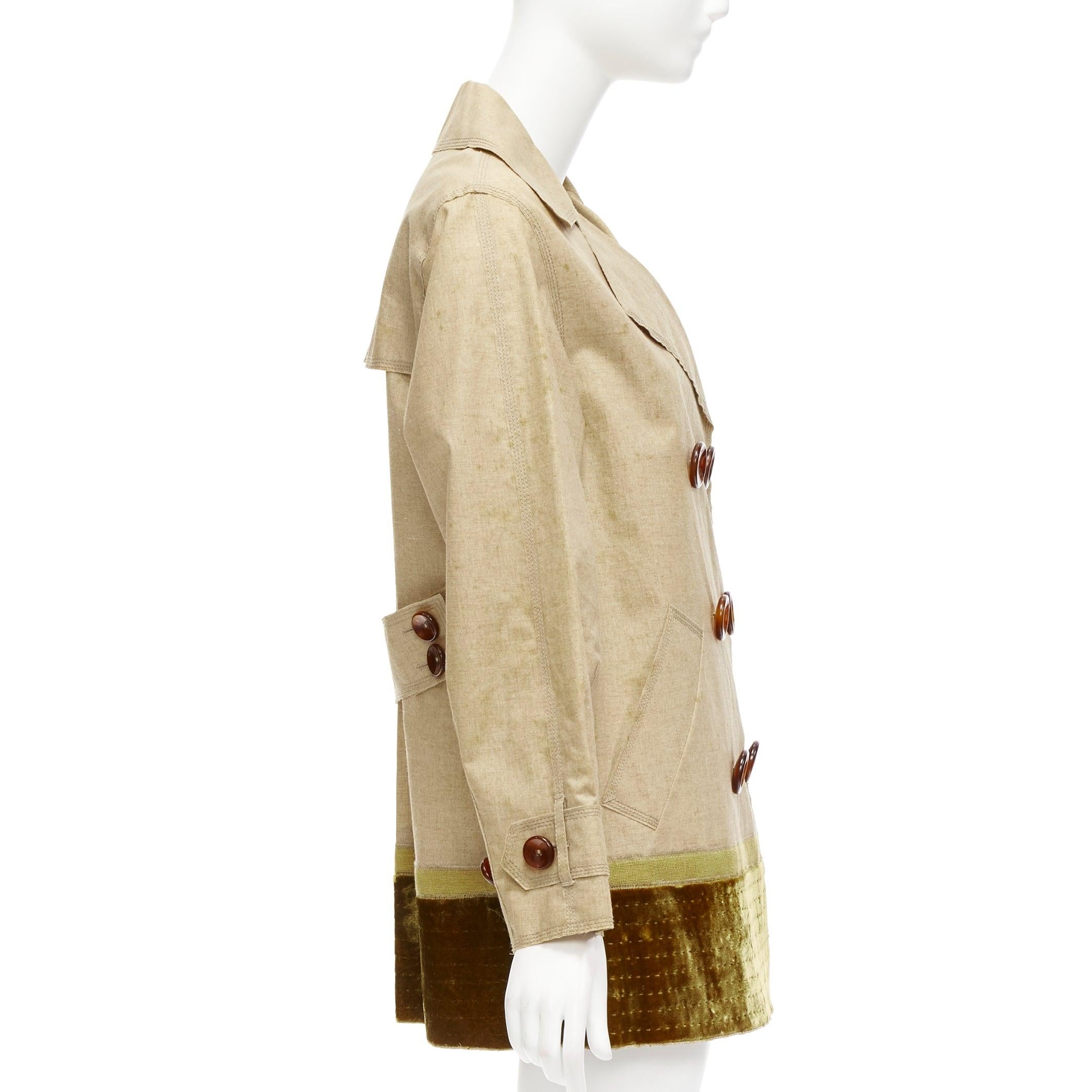 Women's LOUIS VUITTON khaki coated linen velvet hem double breasted trench coat FR36 S For Sale