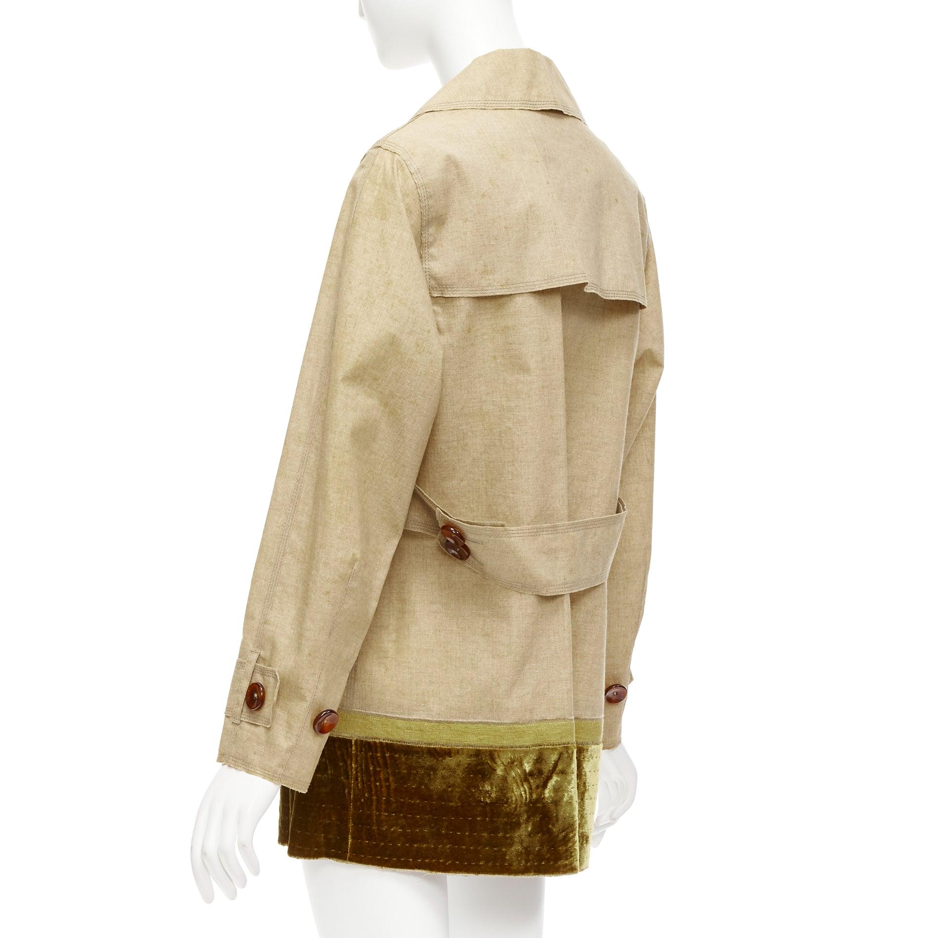 LOUIS VUITTON khaki coated linen velvet hem double breasted trench coat FR36 S For Sale 1