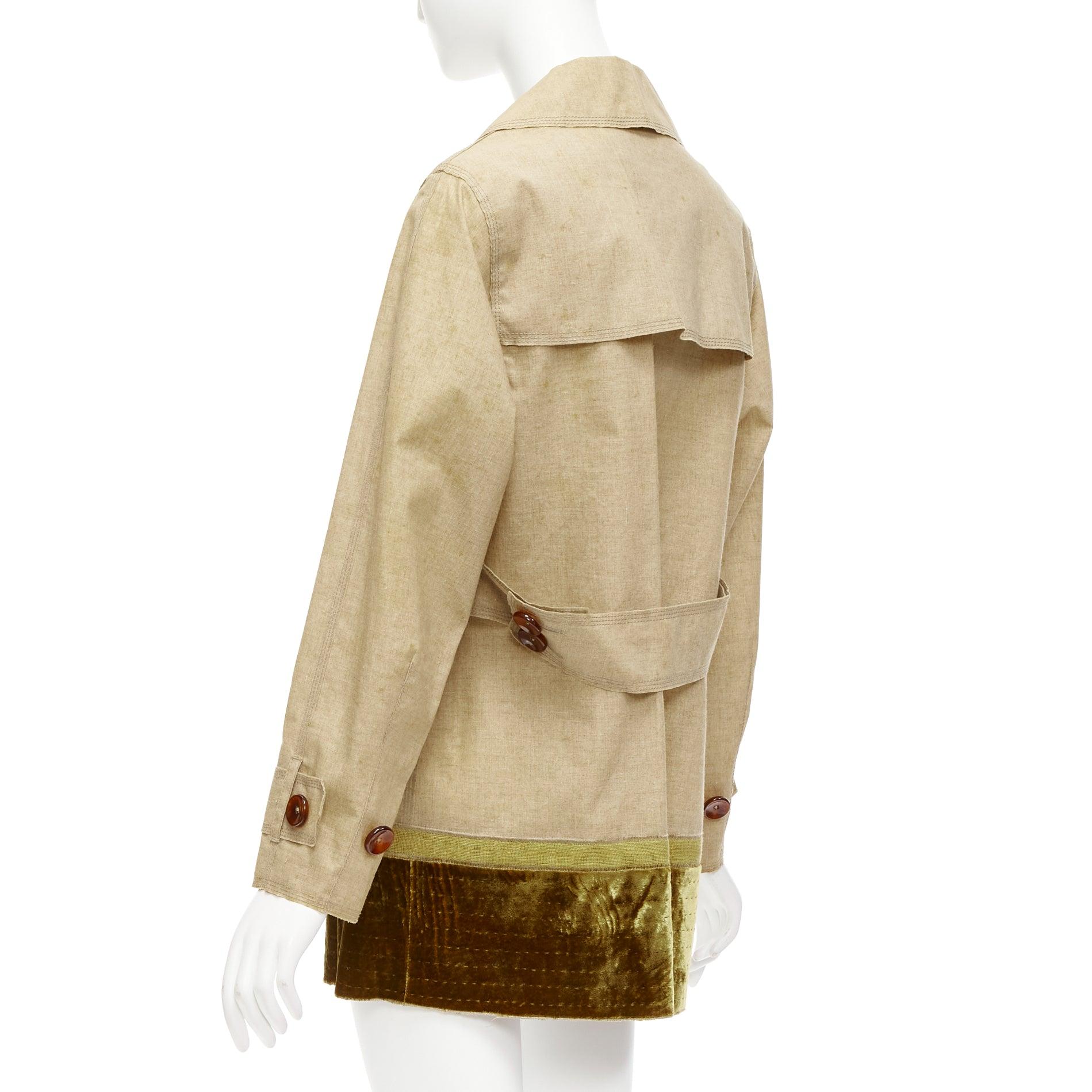 LOUIS VUITTON khaki coated linen velvet hem double breasted trench coat FR36 S For Sale 2
