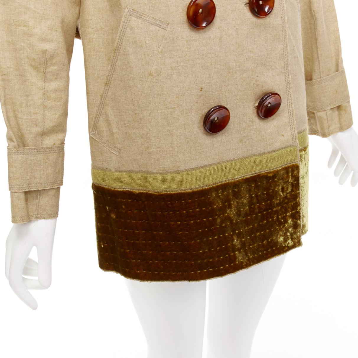 LOUIS VUITTON khaki coated linen velvet hem double breasted trench coat FR36 S For Sale 4