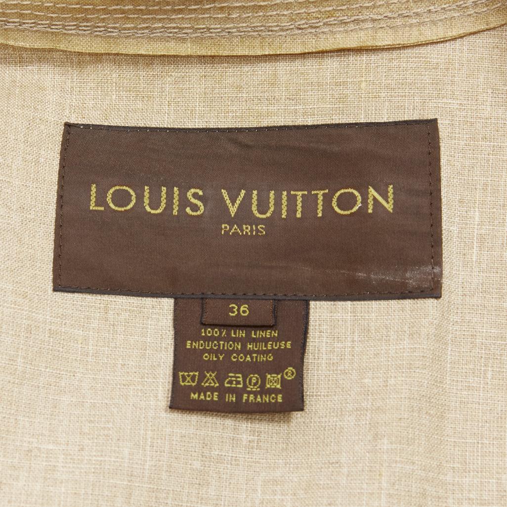 LOUIS VUITTON khaki coated linen velvet hem double breasted trench coat FR36 S For Sale 4