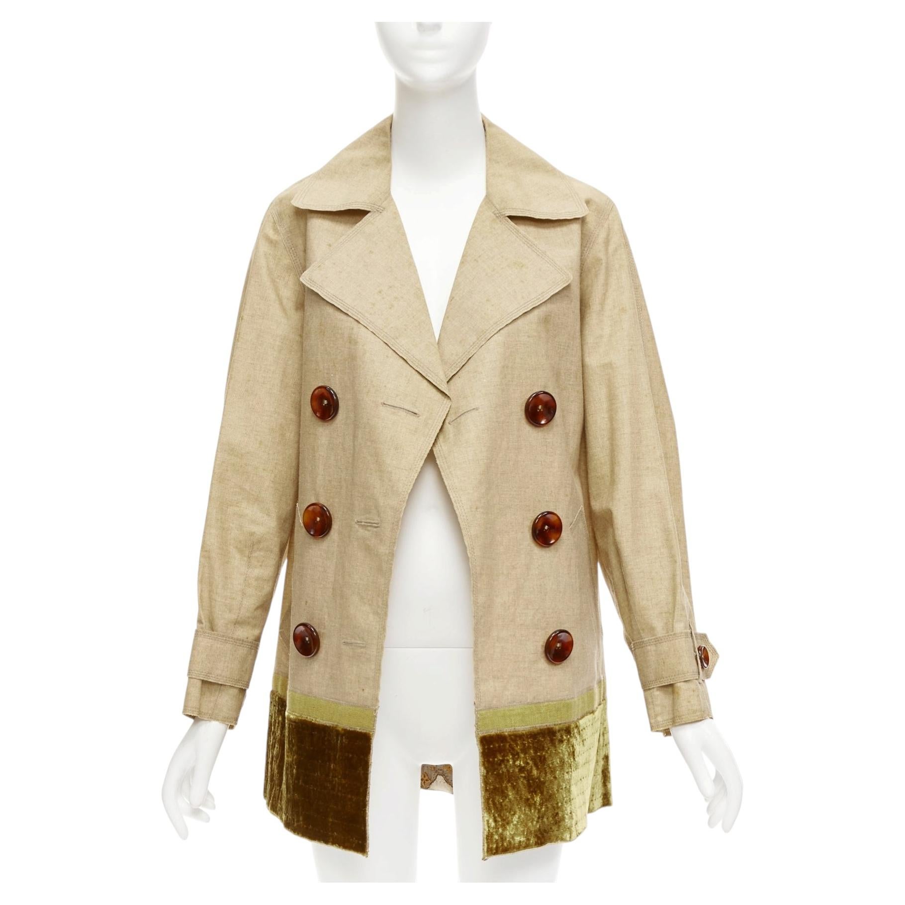 LOUIS VUITTON khaki coated linen velvet hem double breasted trench coat FR36 S