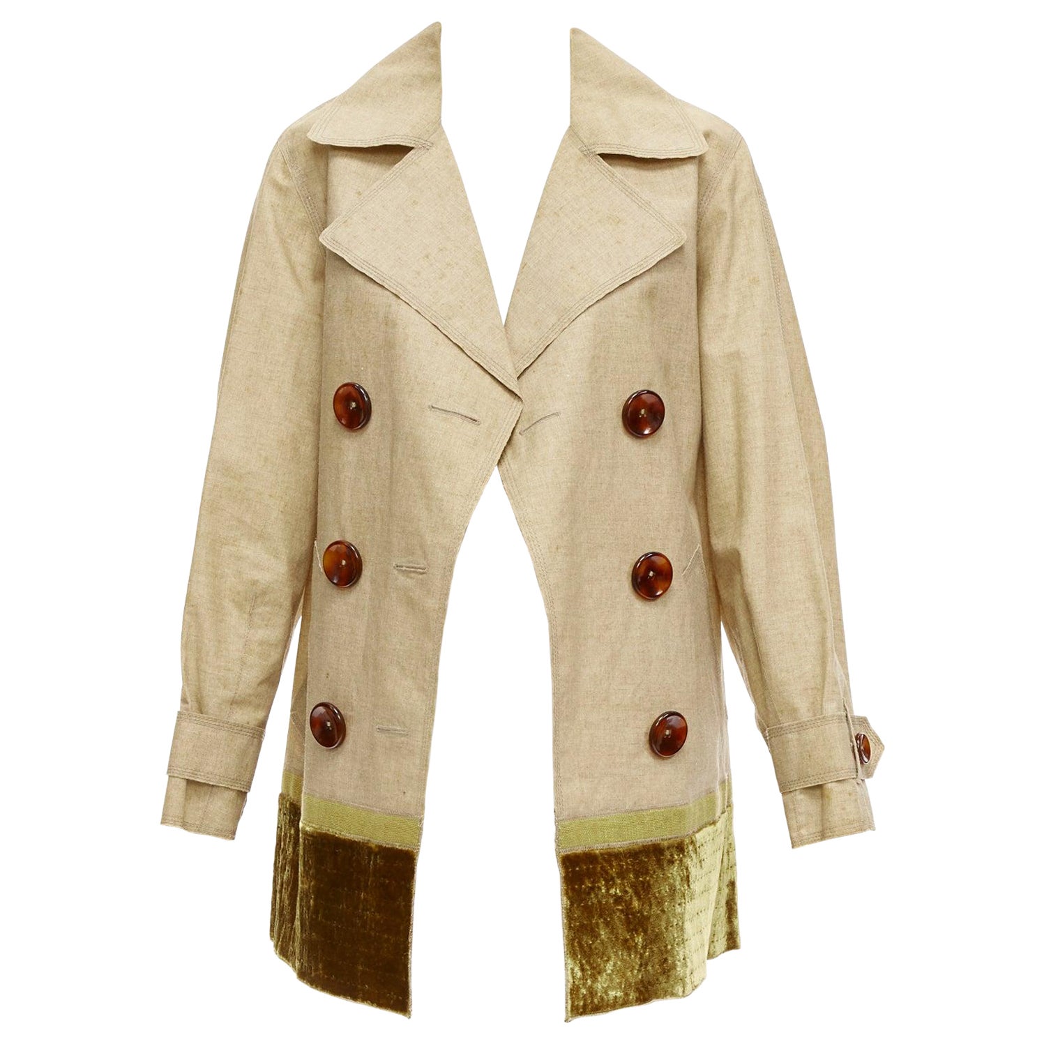 LOUIS VUITTON khaki coated linen velvet hem double breasted trench coat FR36 S