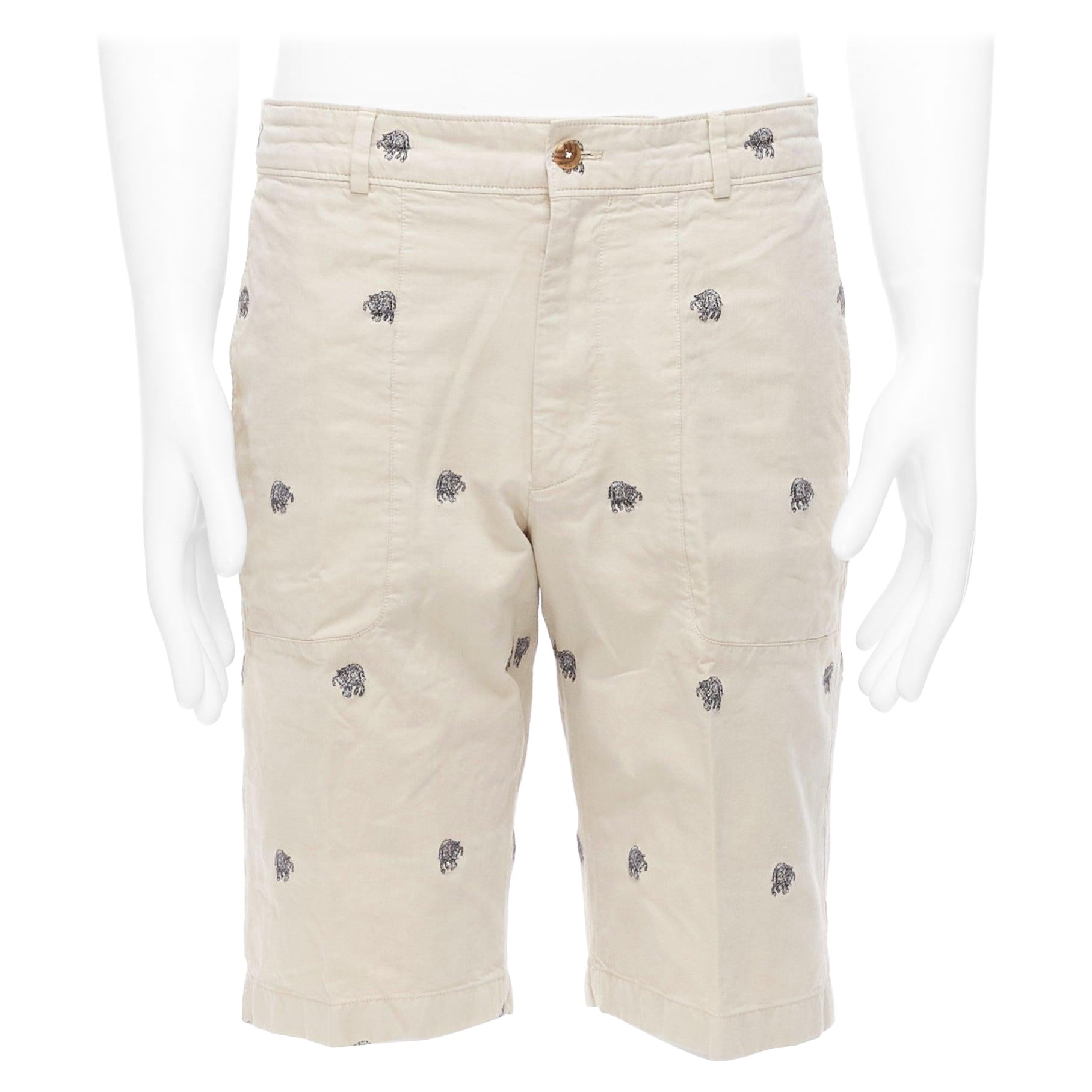 LOUIS VUITTON Safari-Shorts aus khakifarbener Baumwolle mit schwarzer Elefantenstickerei FR42 M