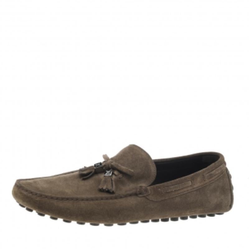Louis Vuitton  Khaki Green Suede Imola Tassel Loafers Size 42 For Sale 1