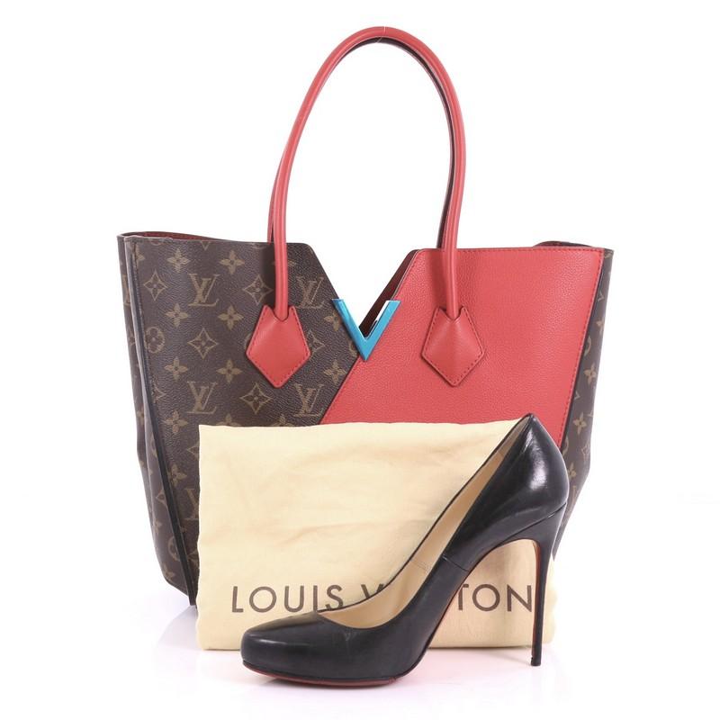 This Louis Vuitton Kimono Handbag Monogram Canvas and Leather MM, crafted from brown monogram coated canvas and red leather, features dual rolled toron top handles, a metallic V-cross accent, and gold-tone hardware. Its wide top with hook-clasp
