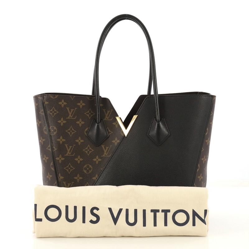 This Louis Vuitton Kimono Handbag Monogram Canvas and Leather MM, crafted from brown monogram coated canvas and black leather, features dual rolled top handles, metallic V-cross accent, and gold-tone hardware. Its wide top with hook-clasp closure
