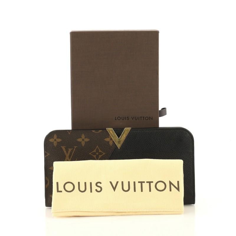 This Louis Vuitton Kimono Wallet Monogram Canvas, crafted from brown monogram canvas and black leather, features signature V detailing and gold-tone hardware. Its snap closures open to a black leather interior with multiple card slots, slip pockets