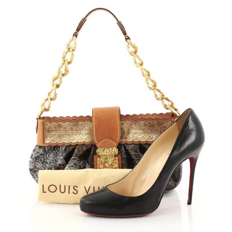 This authentic Louis Vuitton Kirsten Handbag Limited Edition Monogram Dentelle created by Marc Jacobs is named after Hollywood star Kirsten Dunst. Crafted in brown monogram coated canvas embroidered with delicate lurex lace made from a real lace