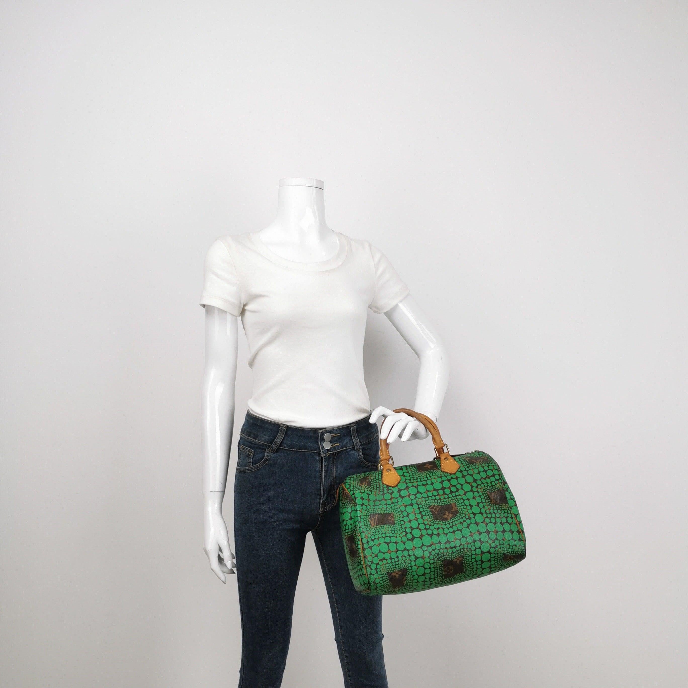 Louis Vuitton Kusama Town Speedy 30 Green Top Handle Bag
 These are professional photos of the actual bag .
 
  This trendy yet authentic LOUIS VUITTON Monogram Kusama Town Speedy 30 in Green is a must-have. The striking Speedy tote showcases a
