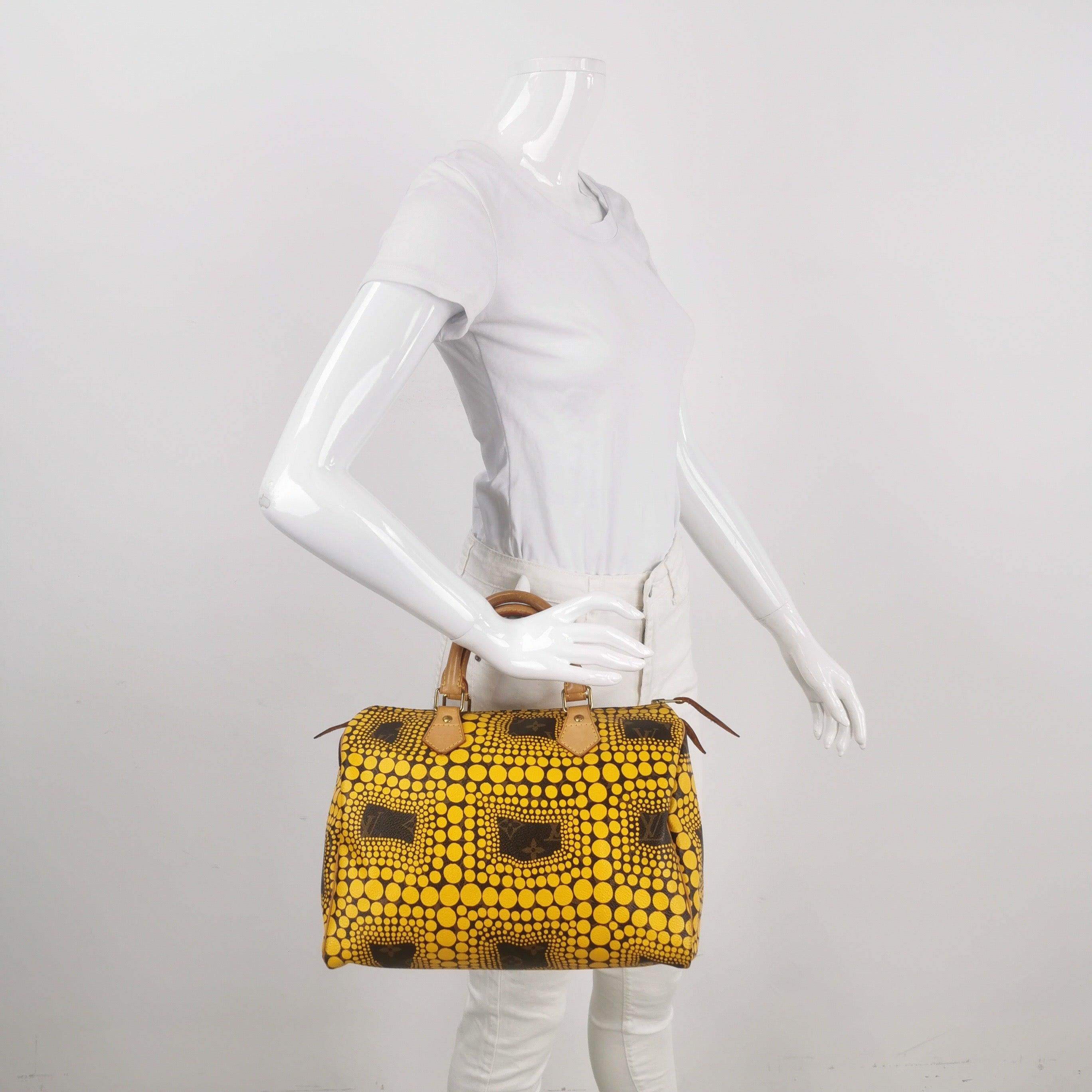 Louis Vuitton Kusama Town Speedy 30 Yellow Top Handle Bag
 These are professional photos of the actual bag .
 
  This trendy yet authentic LOUIS VUITTON Monogram Kusama Town Speedy 30 in Green is a must-have. The striking Speedy tote showcases a