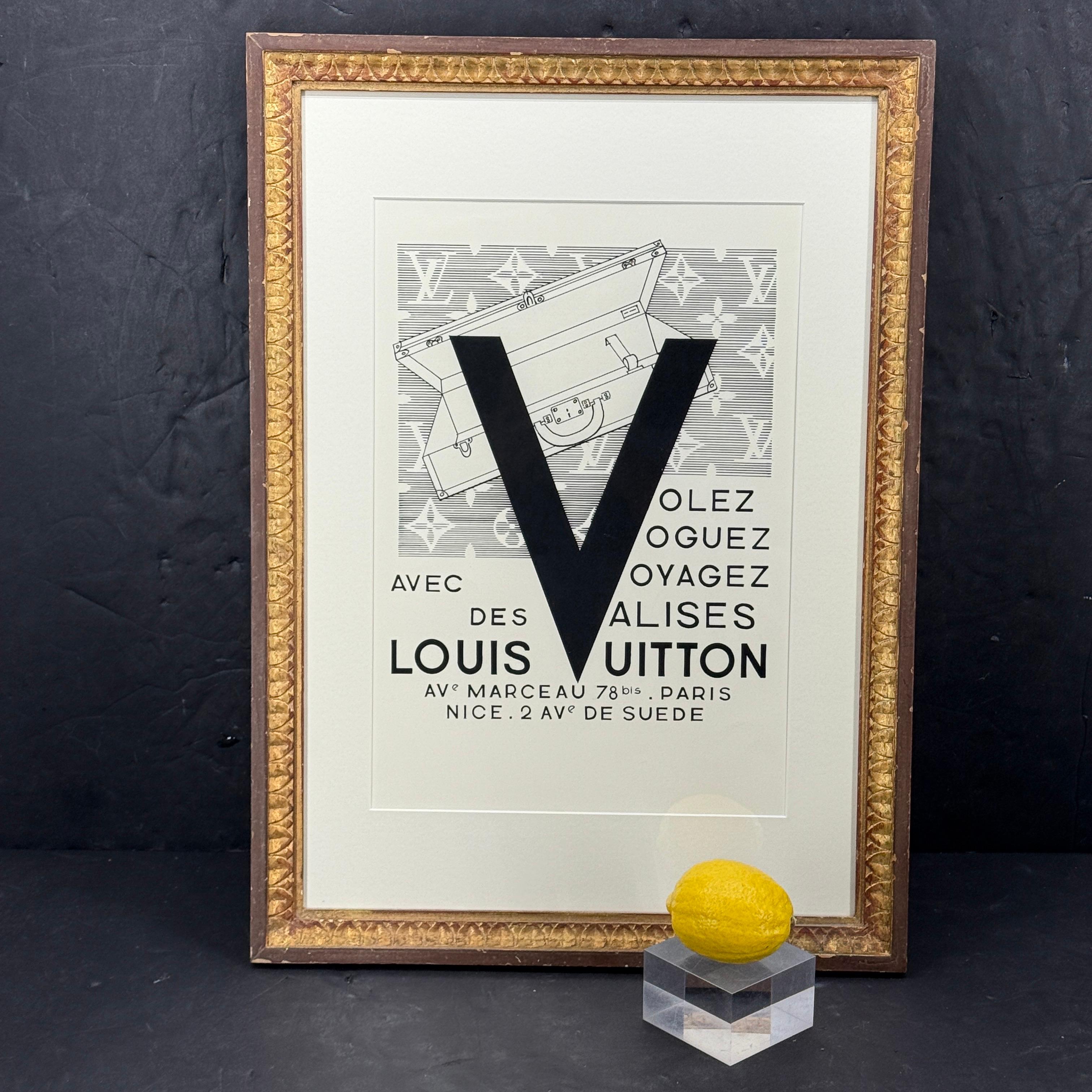 Louis Vuitton Print from Paris, France framed in a vintage wooden Gold Leaf frame. The artwork features iconic Louis Vuitton words and letters artistically arranged. Similar piece can be seen in retail store in Paris, France. Great piece of art for