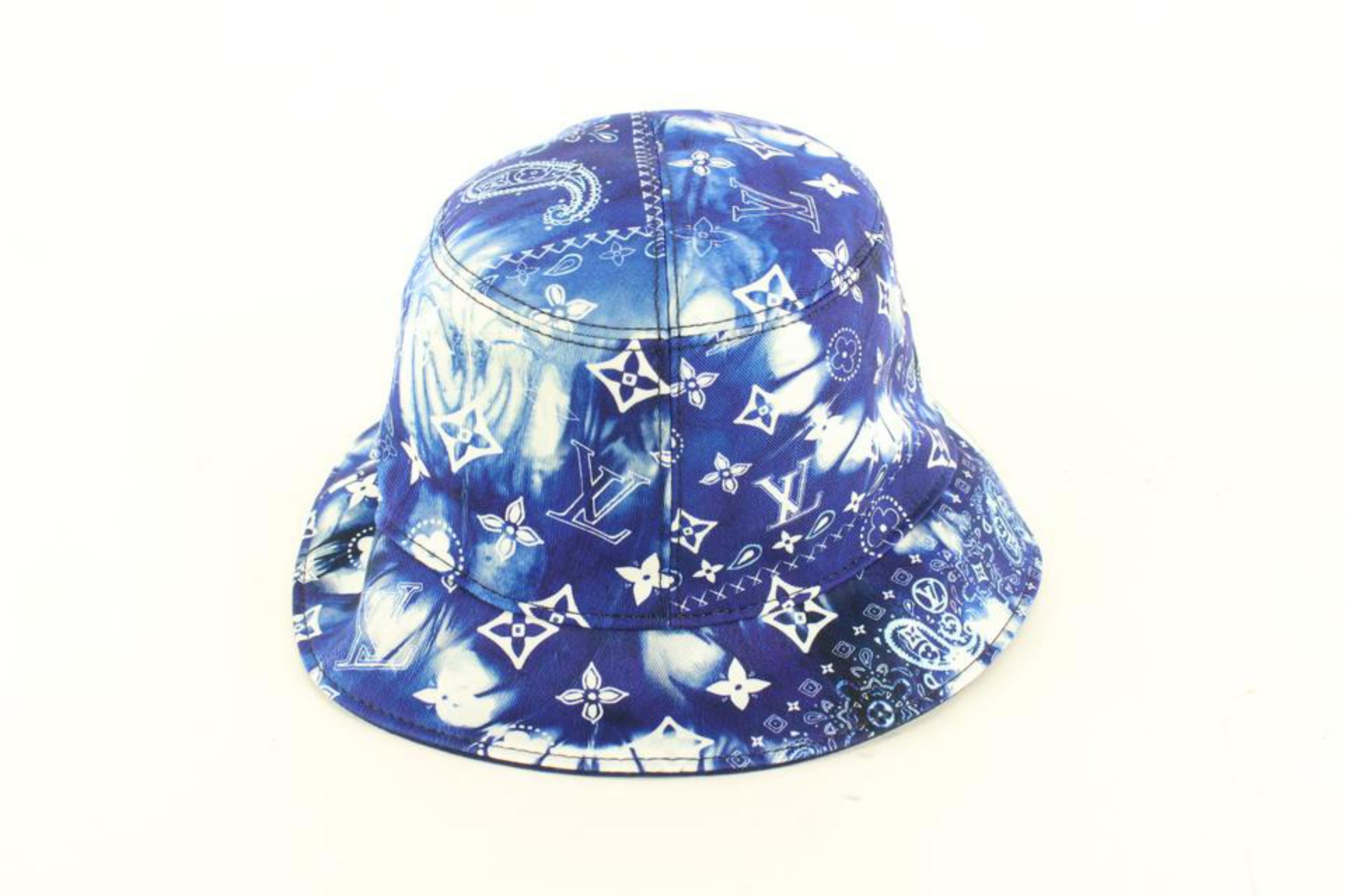 Louis Vuitton Large Size 60 Blue Monogram Bandana Bucket Hat Fisherman 10lk531s In New Condition In Dix hills, NY