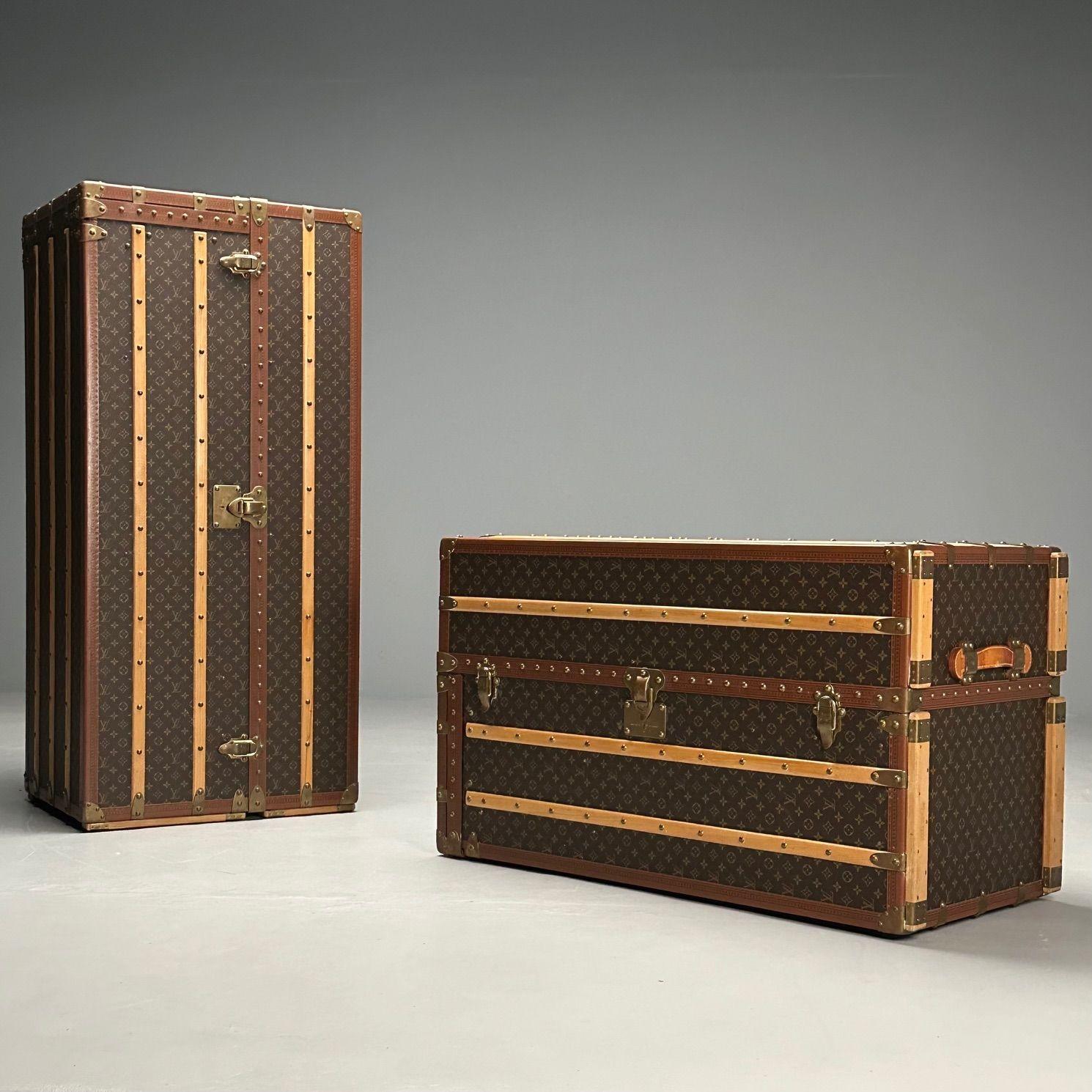 Laiton Grand malle à vapeur Louis Vuitton, toile monogrammée, cuir, commande spéciale en vente