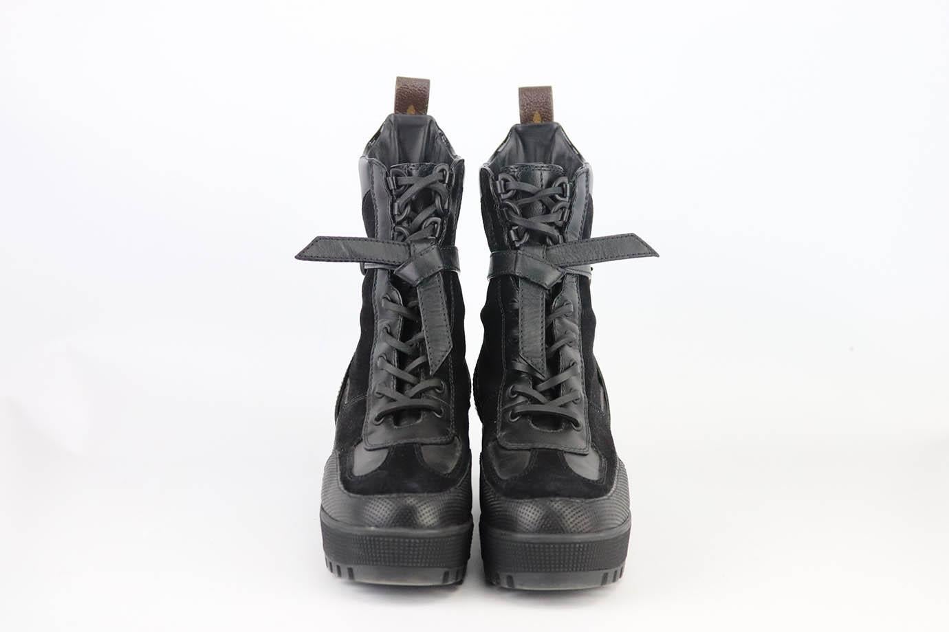 LOUIS VUITTON Suede Calfskin Jacquard Since 1854 Laureate Platform Desert  Boots 40 Black 1303748