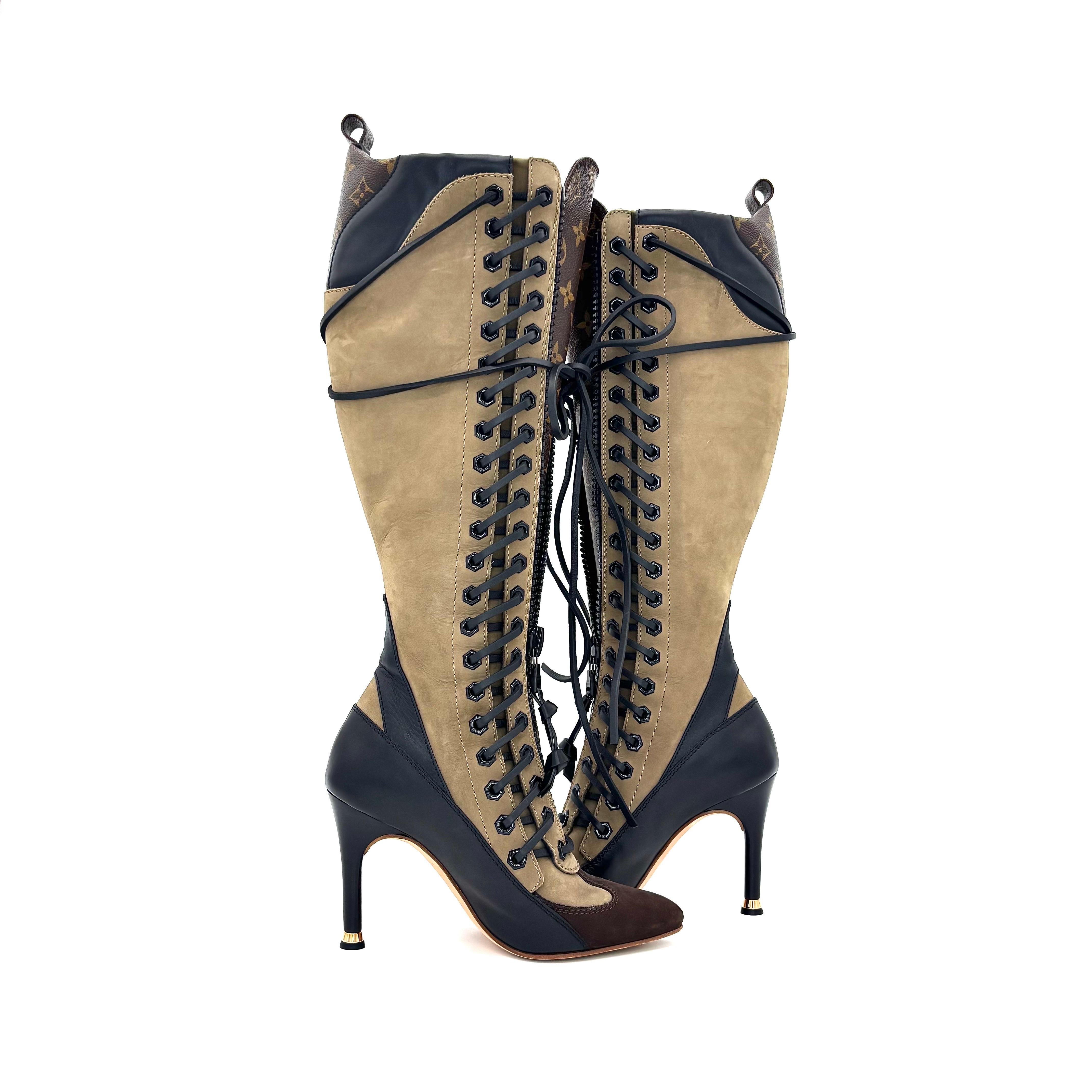 Donna Louis Vuitton Laureate High Boots LV Monogram Laceup Knee High Combat Boots 36.5 in vendita