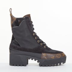 LOUIS VUITTON Laureate platform monogram black suede desert combat boots EU39