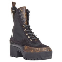LOUIS VUITTON Laureate platform monogram black suede desert combat boots EU39