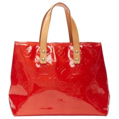 Used LOUIS VUITTON Lead PM Vernis red monogram embossed small satchel tote bag