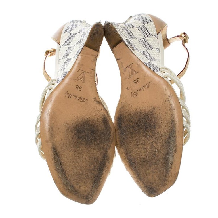 Louis Vuitton Leather and Damier Azur Square Toe Ankle Strap Sandals 36 ...