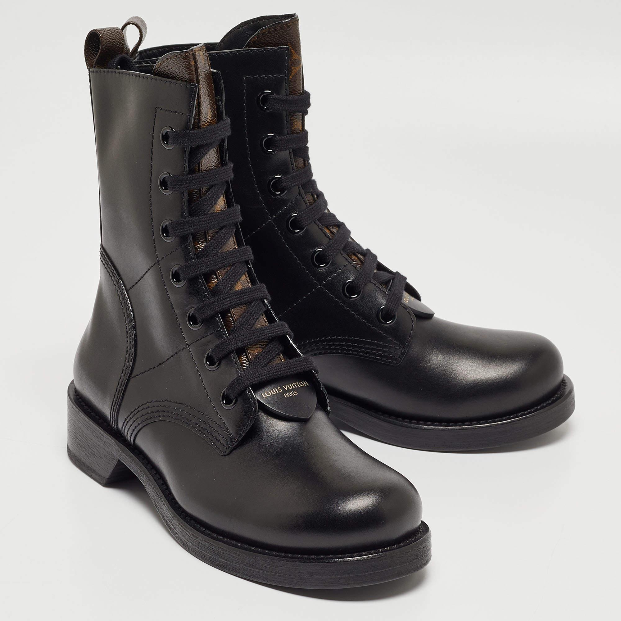 Women's Louis Vuitton Leather and Monogram Canvas Metropolis Flat Ranger Boots Size 37.5 For Sale