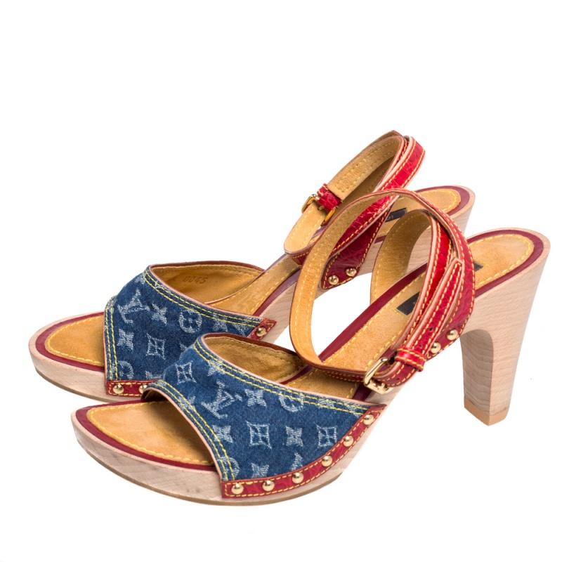 Brown Louis Vuitton Leather and Monogram Denim Ankle Strap Clog Sandals Size 38