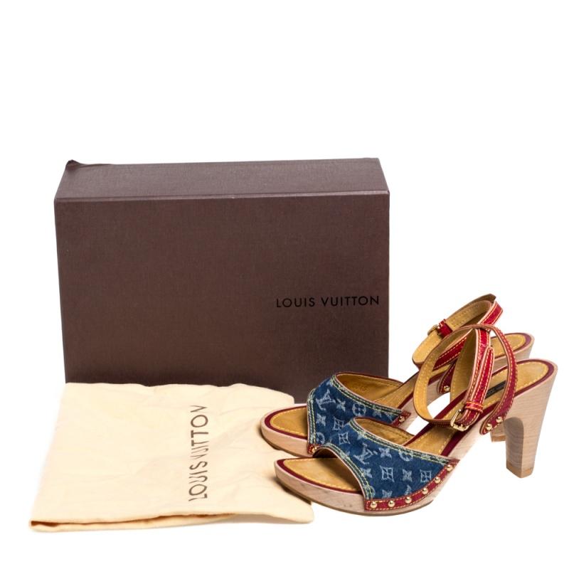 Louis Vuitton Leather and Monogram Denim Ankle Strap Clog Sandals Size 38 1