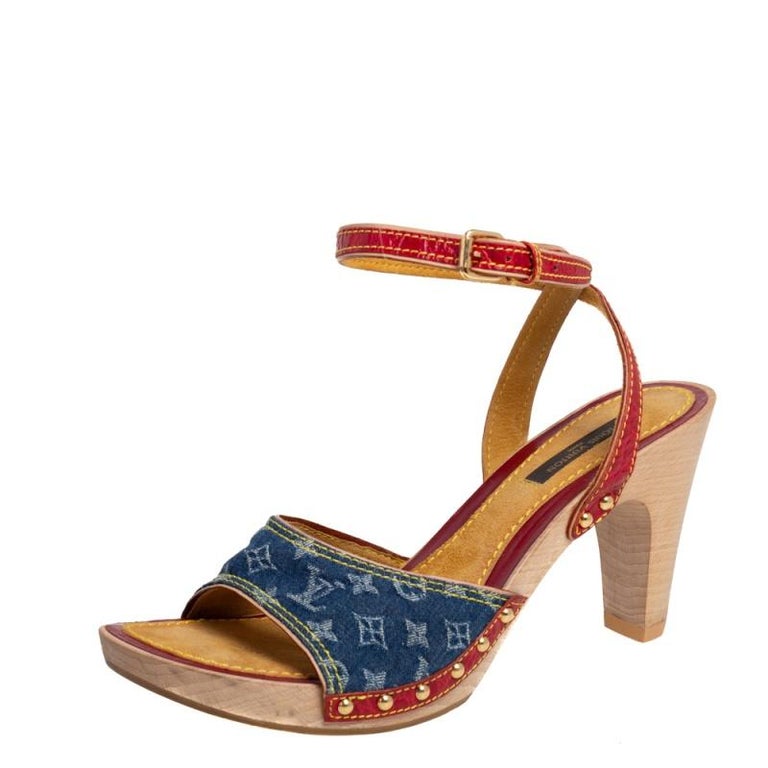Louis Vuitton Leather and Monogram Denim Ankle Strap Clog Sandals Size 38  at 1stDibs