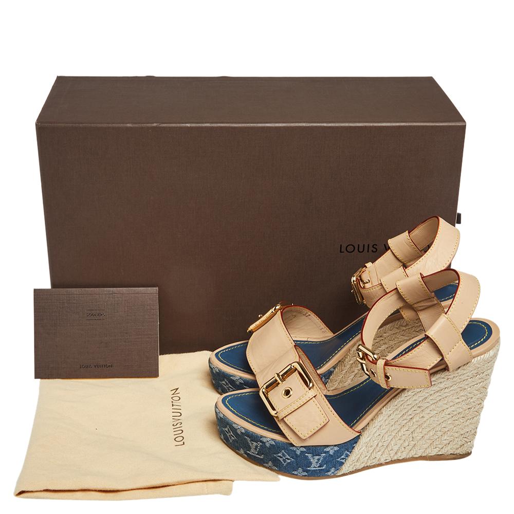 Louis Vuitton Leather and Monogram Denim Espadrilles Wedge Sandals Size 37 1
