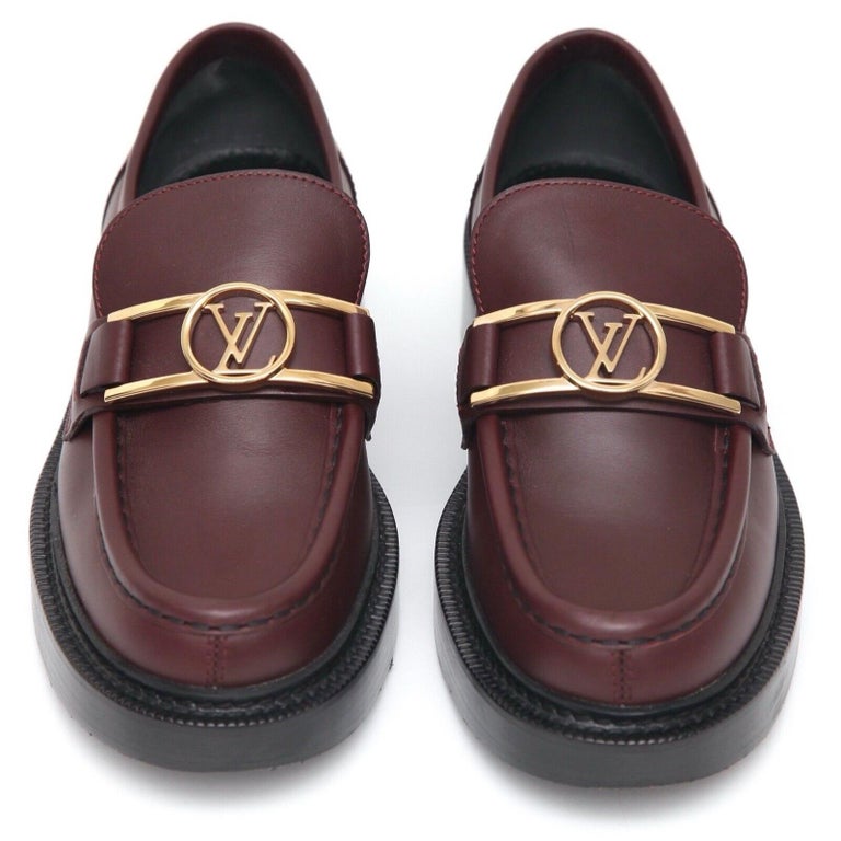 LOUIS VUITTON Leather Loafer Burgundy Red ACADEMY Gold LV Dauphine Logo  Shoes 38 at 1stDibs