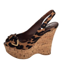 Louis Vuitton Leopard Print Fabric Bow Cork Wedge Slingback Sandals Size 36.5