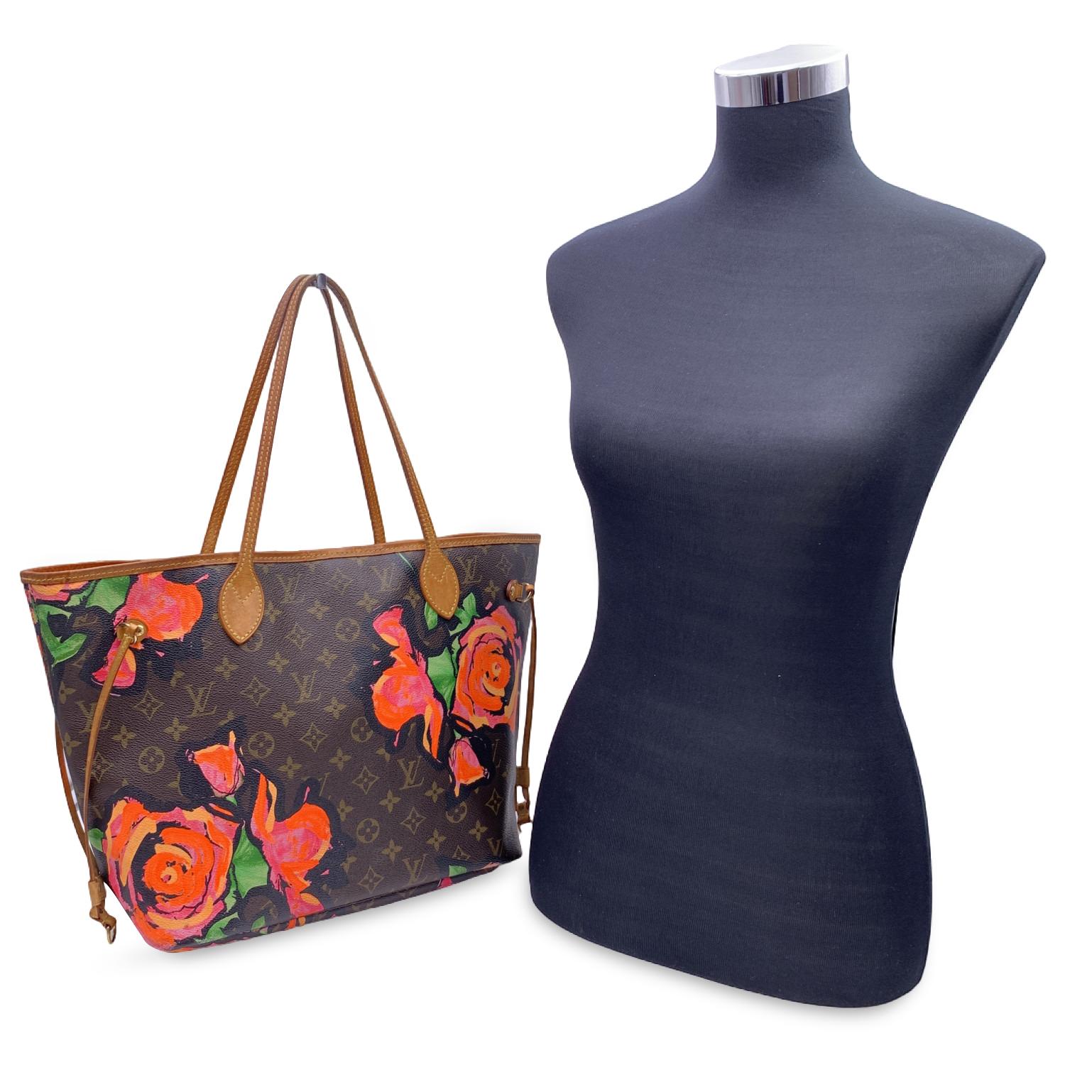 Limited edition Louis Vuitton 'Neverfull MM' tote bag, designed by Stephen Sprouse. Monogram canvas with and allover graffiti roses print in fuchsia, pink and orange colors. Hook closure on top. Internally is lined in pink fabric. 1 side zip pocket